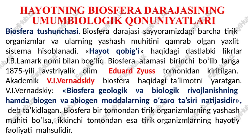 o‘prog‘ini yerusti va yerosti chuchuk suv havzalari tashkil etadi. chuchuk suvning 2/3 qismi arktika, antarktida, shuningdek, turli qit’alarning tog‘ cho‘qqilari muzliklarida to‘plangan. gidrosferaning barcha qatlamlarida hayot mavjud. v.i.vernadskiy biosfera chegarasini okean tubidan sal pastroqdan o‘tkazgan, chunki okean tubi tirik organizmlar hayot faoliyati natijasidir. plankton, nekton, bentos organizmlaridan tashkil topgan organizmlar jamoalari 10 km chuqurlikkacha tarqalgan. dunyo okeanining eng chuqur joyi tinch okeanidagi mariana botig‘i (11 km) hisoblanadi. biosferadagi tirik moddaning xususiyatlari va funksiyalari v.i.vernadskiy tirik modda biosferani o‘zgarti ruvchi kuch sifatida asosiy rol bajaradi, deb hisoblaydi. u o‘zining mashhur «biosfera» asarida tirik moddaning funksiyalarini ko‘rib chiqadi. hozirgi vaqtda biosferaning quyidagi funksiyalari farqlanadi. energetik funksiya konsentratsiyalash funksiyasi destruktiv funksiyasi muhit yaratish funksiyasi gaz almashinish funksiyasi oksidlanish-qaytarilish funksiyasi transport funksiyasi. biosferadagi tirik modda va uning ahamiyatini jadvalda ifoda eting. biosfera biomassasi biosferadagi barcha tirik organizmlar: hayvonlar, o‘simliklar, mikroorganizmlarning umumiy massasibiomassa deb ataladi. yer sayyorasining biologik massasi o‘rtacha 2423 milliard tonnani tashkil etadi. …