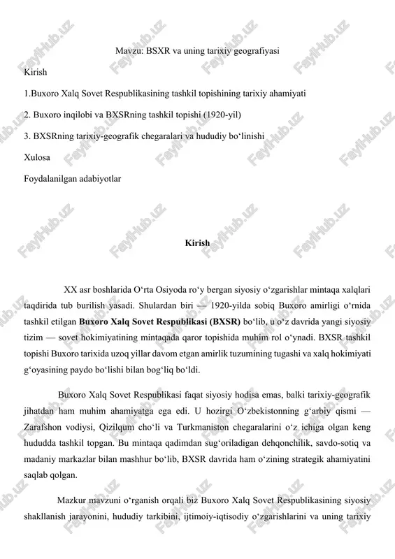 hiligi taraqqiyotida 1920-1924 yillarda mavjud bo‘lgan buxoro xalq sovet respublikasi (bxsr) muhim tarixiy bosqich ekanligi ayni haqiqatdir. biroq bxsr tarixini o‘rganishda davriy matbuotning manba bo‘la olishi mavzusi tadqiqotchilar nazaridan chetda qolib kelayotir. yuqoridagi fikrdan kelib chiqib ta‘kidlash joizki, “buxoro axbori” va “ozod buxoro” gazetalarining bxsr tarixini o‘rganishdagi o‘rni va roliga alohida tadqiqot bag‘ishlash har jihatdan o‘zini oqlaydi. “buxoro axbori” va “ozod buxoro” gazetalarida bxsrdagi siyosiy, ijtimoiyiqtisodiy va madaniy jarayonlarning turli sohalari hisoblangan hukumat boshqaruv tizimi, aholi soni, ijtimoiy tarkibi, xalq salomatligi, xotin-qizlar muammosi, harbiyma’muriy islohotlar, paxtachilik, qorako‘lchilik, ipakchilik, milliy hunarmandchilik, soliq va bank tizimlari, pul muomalasi, narx-navo, maktab va maorif tizimi, madaniy oqartuv muassasalari faoliyati, tashqi aloqalar va hokazolar haqida muhim ma’lumotlar mavjud. buxoroga qizil armiya tomonidan qilingan bosqin natijasida 1920-yil 2-sentyabrda amirlik tuzumi ag‘darib tashlandi va yangi respublika boshqaruvi o‘rnatildi. asli bu xalqaro huquq normalarining bolsheviklar tomonidan qo’pol ravishda buzilishi va mamlakatda mustabid sovet tuzumining majburan o’rnatilishi edi [1] …