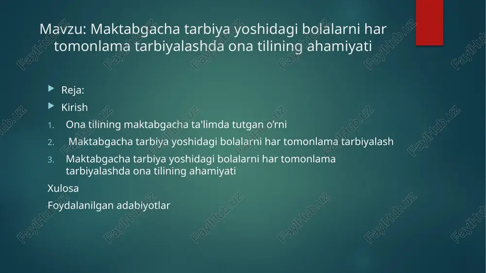 ishga (maktab ta’limiga) tayyorlash, yangi jamiyatning ongli quruvchilarini tarbiyalash kabi muhim va hayotiy vazifalarni hal qilishda ona tili asosiy o'rin egallaydi. ona tilining maktabgacha ta'limda tutgan o’rni o'zbek adabiy tili o'zbek xalqining yagona, normallashgan tili sifatida og‘zaki va yozma shaklda asrlar mobaynida rivojlanib, mukammallashib keldi. o'zbek adabiy tilini taraqqiyot bosqichiga ko'ra ikki adabiy tilga ajratish mumkin: eski o'zbek adabiy tili va hozirgi zamon o'zbek adabiy tili. eski o'zbek adabiy tili o'zbek xalqining buyuk mutafakkiri navoiy asos solgan va keyinclialik muqimiy, furqat kabi demokrat shoirlar tomonidan rivojlantirilgan adabiy tildir. bu adabiy tilda yaratilgan yozma yodgorliklar o'zbek xalqi va uning tili taraqqiyot tarixini o'rganish uchun manba bo'lishi bilan birga, hozirgi zamon o'zbek adabiy tili uchun ham asos bo'lgan. hozirgi zamon o'zbek adabiy tili eski o'zbek adabiy tilining davomi, yangi sharoitda o'zbek xalqining iqtisodiyoti va madaniyatining rivojlanishi asosida har tomonlama boyigan shaklidir. maktabgacha ta’lim tashkiloti bolalarni har tomonlama, ya’ni jismoniy, aqliy, axloqiy, estetik …