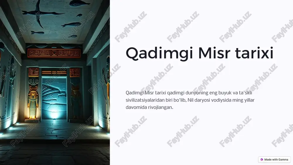 daryosining g'arbida joylashgan g'arbiy sahro ham quruq va cho'l iqlimi bilan ajralib turadi. nil daryosi vodiysi nil daryosi vodiysida iqlim yumshoq va unumdor edi, bu yerda dehqonchilik rivojlangan edi. misr geografik jihatdan ikki qismga: yuqori misr nilning tor va uzun vodiysiga hamda quyi misr-nilning uchburchak shaklida tarmoqlanib, o‟rta dengizga olib chiqadigan keng deltasiga bo‟linadi. yunonlar quyi misr ko‟rinishini o‟zlarining uchburchakli bosh harflariga o‟xshaganligi tufayli uni delta deb ataganlar.misr hududining aksariyat qismi cho‟l zonasida joylashgan. shundan faqat 3,5% (35 ming kv.km) nil daryosi deltasi va vodiysiga to‟g‟ri keladi. relefi va geologik tuzilishi jihatidan misr shartli ravishda to‟rt qismga bo‟linadi: 1. liviya cho‟li; 2. arabiston cho‟li; 3. sinay yarim oroli; 4. nil daryosi vodiysi va deltasi. relefi asosan tekislik bo‟lib, qizil dengizga yaqin yerlari tog‟likdir. 6 qadimgi misr diniy e'tiqodi va marosimlar politeizm misrliklar bir necha xudolarga ishonishgan. xudolar osiris, horus, ra va isis eng mashhur xudolar edi. marosimlar marosimlar turli xudolarni …