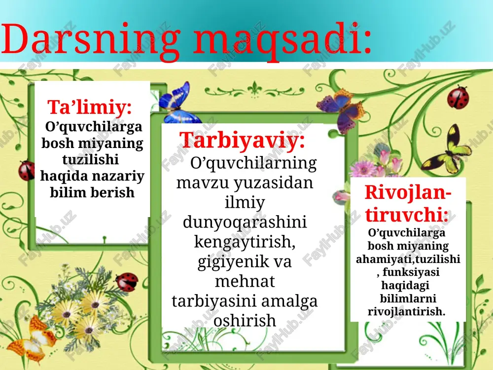 yatini bir –biriga bog’lab boshqaradi, organizm bilan tashqi muhitning aloqasini ta’minlab, uni muhit sharoitiga moslashitiradi. bosh miyaning tuzilishi v a funksiyasi joylashishi:- kalla suyagining ichida massasi:- 1020-1970 g bosh miya bosh miyaning stvol qismi (ustun) bosh yarim sharlari bosh miya kalla suyagi ichida joylashgan. bosh miyaning stvol (ustun) uzunchoq miya miyacha miya ko’prigi o’rta miya oraliq miya massasi: 7g, uzunligi: 3-3.5 sm, chegarasi pastdan orqa miya bilan yuqoridan miya ko’prigi. funksiyasi- reflektorlik va o’tkazuvchanlik. nafas olish, yurak ishini, ko’zni ochib -yumish, ko’z yoshi, aksa urish,yo’talish, oshqozon-ichakda shira ajralishini ta’minlaydigan refleks markazi joylashgan. uzunchoq miya chegarasi: uzunchoq miyaning ustida, yuqori tomondan o’ta miya , yon tomondan miyacha bilan tutashib turadi. funsiyasi: uchlik, ko’z soqqasini va muskularning harakatlantiruvchi nerv markazlari joylashgan. varoliyev ko’prigining yuqorisida joylashgan bo’lib, unda to’rt tepalik, miya oyoqchalari va miya qorichalarining suv yo’li bo’ladi. oldigi 2 tepalikda po’stlaq osti ko’rish markazlari, orqadagi 2 ta tepalikda esa po’stloq osti eshtish …