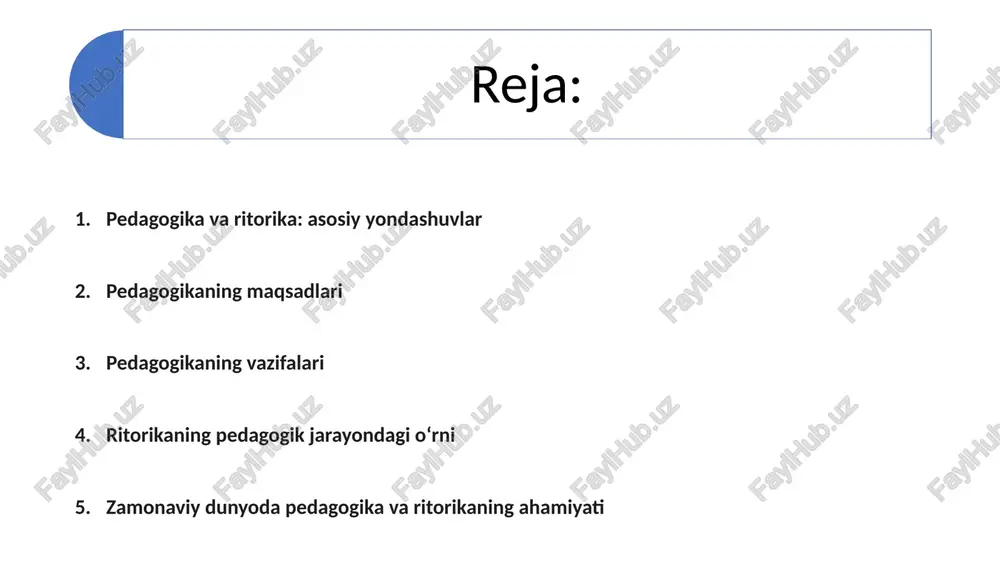anilishini ta'minlashga intiladi. 6 ritorikaning pedagogik jarayondagi o‘rni aloqa ritorika o'qituvchi va talabalar o'rtasidagi samarali muloqotni ta'minlaydi, yaxshi o'rganishga yordam beradi. ekspressivlik ritorika usullaridan foydalanish sizning taqdimotingizni yanada ifodali va esda qolarli qilish imkonini beradi. motivatsiya ritorik ko'nikmalar o'quvchilarni o'rganishda faol ishtirok etishga ilhomlantiradi va rag'batlantiradi. 7 o’qitishda notiqlik metodi va texnikasi hikoya materialni aniqroq tushuntirish uchun hikoyalar, misollar va metaforalardan foydalaning. ritorik savollar talabalarni fikrlashga va faol ishtirok etishga undaydigan savollar berish. og'zaki bo'lmagan muloqot imo-ishoralar, yuz ifodalari va intonatsiyadan foydalanish, ijroga katta ekspressivlik berish. ishontirish usullari ma'lumotni yanada samarali etkazish uchun mantiqiy dalillar va hissiy ta'sirlardan foydalanish. 8 ta'lim muhitida samarali muloqot aniqlik materialni aniq, mantiqiy va izchil taqdim eting interaktivlik talabalarning munozara va fikr-mulohazalarda faol ishtirokini rag'batlantirish individual yondashuv har bir talabaning xususiyatlari va ehtiyojlarini hisobga oling hissiylik g'ayrat va qiziqish ko'rsating va talabalarni ilhomlantiring 9 zamonaviy dunyoda pedagogika va ritorikaning ahamiyati 1 globallashuv borgan sari o'zaro …