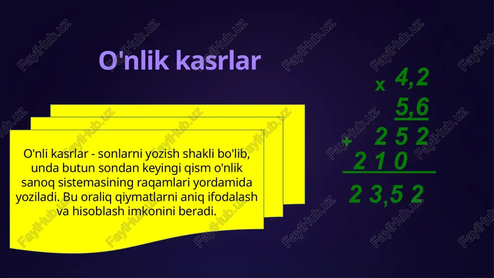 moniga yoziladi. fraksiya kasr qismi kasrning o'ng tomoniga raqamlarni ko'rsatib yoziladi: o'ndan, yuzdan, mingdan va boshqalar. tenglik o'nli kasr tenglik sifatida ifodalanishi kerak, bunda chap tomoni butun son, o'ng tomoni esa kasrdir. 7 o'nli kasrlarni taqqoslash va tartiblash 1 taqqoslash o'nli kasrlarni solishtirish uchun avval butun qismlarni, keyin esa kasr qismlarini solishtiramiz. 2 tartibga solish o'nlik kasrlar qiymatining o'sishi yoki kamayishi tartibida joylashtirilishi mumkin. 3 taxminlar o'nli kasrlarni taqqoslash yoki hisoblash uchun to'g'ri joyga yaxlitlash mumkin. 8 o'nli kasrlardan foydalanish o'lchovlar o'nlik kasrlar masofalarni, massalarni, hajmlarni va boshqa miqdorlarni aniq o'lchash uchun ishlatiladi. moliya o'nlik kasrlar foizlar, narxlar va valyuta kurslarini hisoblashda qo'llaniladi. fan va texnologiya ilm-fan va texnologiyadagi aniq o'lchovlar, masalan, elektr ko'rsatkichlari yoki kimyoviy konsentratsiyalar o'nli shaklda ifodalanadi. 9 savol va topshiriqlar: 1. o`nli kasrlar qanaqa ifodalanadi? 2. kasrlarni qanday o`nlik kasrlarga aylantirish mumkin? 3. o`nli kasrlarni qanday taqqoslash mumkin? image1.png image2.png image3.png image4.png image5.png image6.png image7.png image8.png …