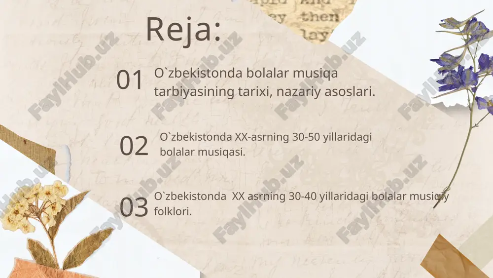 olalar musiqalari yaratildi. 1 o`zbekiston kompozitirlarini aynan shu davrda bolalar va o`smirlar musiqalariga katta e`tibor qaratildi. 2 o`zbekistonda xx asrning 30-40 yillaridagi bolalar musiqiy folklori. manashu davrda o`zbekiston kompozitorlari: g`. qodirov. m, nasimov d. zokirov b. gienko s. yudakov 6. sh. ramazonov 7. f. nazarov 8. k. mushen 9. s. varenas 10. a. muxamedov ularning ijodi gurgiragan edi. ularning yaratgan qo`shiqlarini avlod ijrochilari va tinglovchilar ijobiy qabul qilishdi. foydalanilgan adabiyotlar: t. y. solomonova. o`zb musiqa tarixi o`z me birinchi jild jahongirov f, o`zbek bolalar folklori e`tiboringiz uchun rahmat! image9.svg image6.png image11.svg image1.jpeg image2.png image3.svg image3.png image5.svg image4.png image7.svg image5.png image15.png image16.png image7.jpeg image8.jpeg image9.png image10.png image11.png image12.jpeg image13.png image14.png image23.png image24.png image25.png image26.png image27.png image17.png image24.svg image18.png image19.png image20.png image21.png image29.svg image22.png image28.jpeg image29.png image38.svg image30.png image31.png image32.jpeg image33.png image34.png image35.png image36.png image37.png image38.png image39.png image40.png image41.png /docprops/thumbnail.jpeg