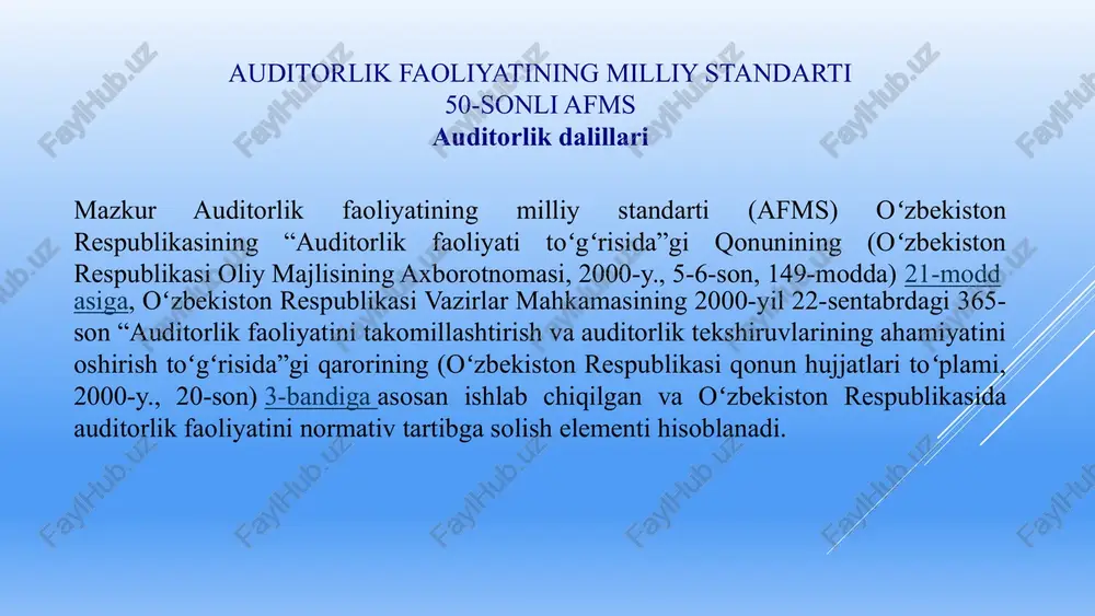 irishlar bilan); o‘zbekiston respublikasi milliy audit standartlari (mas); xalqaro audit standartlari (xas / isa) — ayniqsa isa 500 “audit dalillari”; moliya vazirligi buyrug‘i bilan tasdiqlangan audit yo‘riqnomalari. 00 auditorlik dalillarining turlari dalillar manba va shakliga ko‘ra quyidagilarga bo‘linadi: ichki dalillar — korxonaning o‘z ichki hujjatlaridan olingan (buxgalteriya yozuvlari, ichki buyruqlar). tashqi dalillar — uchinchi shaxslardan (bank, soliq organi, yetkazib beruvchilar) olingan. aralash dalillar — ichki hujjatlar tashqi manbalar bilan tasdiqlangan holatlar. to‘g‘ridan-to‘g‘ri dalillar — auditorning o‘zi kuzatgan yoki qayta hisoblagan natijalar. bilvosita dalillar — boshqa ma’lumotlar orqali xulosa chiqarishga yordam beruvchi dalillar. auditorlik dalillarini olishning tartib-taomillari auditorlik tashkiloti auditorlik dalillarini quyidagi auditorlik tartib-taomillarining bir yoki bir nechtasini bajarish yoʻli bilan oladi: nazorat qilish ― yozuvlar, hujjatlar va moddiy aktivlarni tekshirishni ifodalaydi; b) kuzatish ― boshqa shaxslar tomonidan bajariladigan jarayon va tartib-taomillarni oʻrganishni ifodalaydi. masalan, auditorlik tashkilotining xoʻjalik yurituvchi subyekt xodimlari tomonidan amalga oshiriladigan tovar-moddiy zaxiralari inventarizatsiyasini kuzatish; v) soʻrovnoma — …