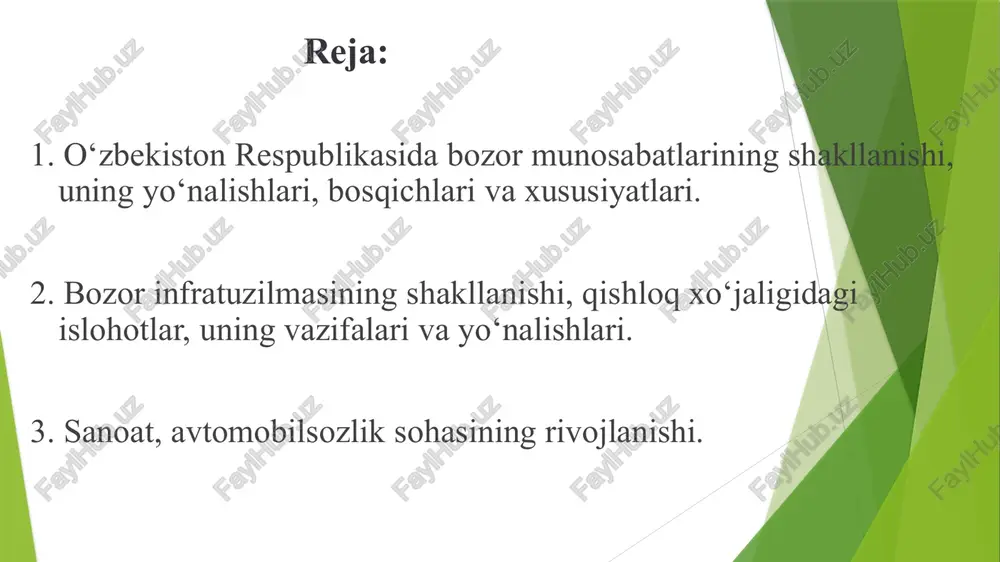 lat mulkini xususiylashtirish; ko'p ukladli iqtisodni vujudga keltirish; ishlab chiqarish korxonalari va mulkdorlar o'rtasida o'zaro raqobatlashish uchun zarur shart-sharoitlar yaratish; mulkdorlar sinfini shakllantirish. yangidan mustaqil bo`lgan yosh mamlakatlarda iqtisodiy islohotlar 2 yo`nalishda amalga oshirildi milliy mustaqillikni iqtisodiy jihtdan ta’minlashni ko`zlagan islohotlar 1 rejali iqtisodiyotdan bozor tizimiga o`tishga qaratilgan, ya’ni bozor islohotlari yo`nalishlaridagi islohotlar 2 milliy mustaqillikni iqtisodiy jihtdan ta’minlashni ko`zlagan islohotlar milliy pulni muomalaga kiritish, mustaqil bank, byudjet va soliq tizimlarini joriy etish, bojxona xizmatlarini tashkil etish va milliy iqtisodiy chegaralrni o`rnatish hamda ishlab chiqarish tuzilmasini o`zgartirish kabilar o`zbekiston respublikasi prezidentining “o`zbekiston respublikasining milliy valyutasini muomalaga kiritish to`g`risida”gi 1994-yil 16-iyundagi farmoni bilan 1994-yil 1-iyulidan respublika hududida yagona, cheklanmagan va qonuniy to`lov vositasi sifatida so`m muomalaga chiqarilgan bozor munosabatlariga asoslangan demokratik jamiyat qurishning asosiy tamoyillari 1 iqtisod siyosatdan ustun turib mafkuraviy tayziqlarsiz, o'ziga xos ichki qonunlarga muvofiq rivojlanmog'i kerak: 2 davlat bosh islohotchi o'rnida bo'lib, uning yo'nalishlarini belgilab beradi va amalga …