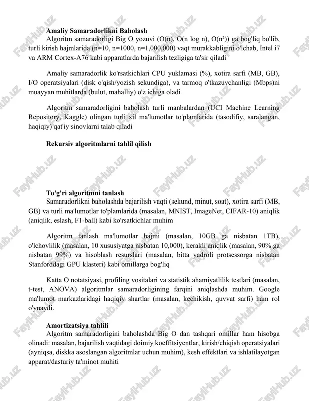 nadi amaliy samaradorlikni baholash algoritm samaradorligi big o yozuvi (o(n), o(n log n), o(n²)) ga bog'liq bo'lib, turli kirish hajmlarida (n=10, n=1000, n=1,000,000) vaqt murakkabligini o'lchab, intel i7 va arm cortex-a76 kabi apparatlarda bajarilish tezligiga ta'sir qiladi amaliy samaradorlik ko'rsatkichlari cpu yuklamasi (%), xotira sarfi (mb, gb), i/o operatsiyalari (disk o'qish/yozish sekundiga), va tarmoq o'tkazuvchanligi (mbps)ni muayyan muhitlarda (bulut, mahalliy) o'z ichiga oladi algoritm samaradorligini baholash turli manbalardan (uci machine learning repository, kaggle) olingan turli xil ma'lumotlar to'plamlarida (tasodifiy, saralangan, haqiqiy) qat'iy sinovlarni talab qiladi rekursiv algoritmlarni tahlil qilish to'g'ri algoritmni tanlash samaradorlikni baholashda bajarilish vaqti (sekund, minut, soat), xotira sarfi (mb, gb) va turli ma'lumotlar to'plamlarida (masalan, mnist, imagenet, cifar-10) aniqlik (aniqlik, eslash, f1-ball) kabi ko'rsatkichlar muhim algoritm tanlash ma'lumotlar hajmi (masalan, 10gb ga nisbatan 1tb), o'lchovlilik (masalan, 10 xususiyatga nisbatan 10,000), kerakli aniqlik (masalan, 90% ga nisbatan 99%) va hisoblash resurslari (masalan, bitta yadroli protsessorga nisbatan stanforddagi gpu …