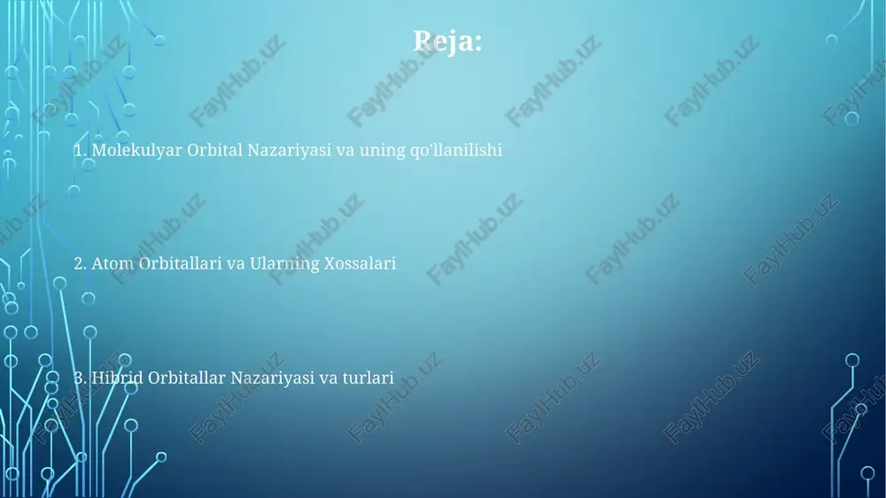 p va hokazo) o'ziga xos shaklga (sharsimon, dumbbelsimon) va kvant sonlari (n, l, ml) bilan aniqlangan energiyaga ega bo'lib, elektron sig'imiga (masalan, 1s 2 ta elektron sig'adi) ta'sir qiladi atom orbitallarni aralashtirish (masalan, metanda (ch₄) uglerodning 2s va 2p orbitallari to'rtta sp³ orbitalni hosil qilish uchun aralashadi) yangi gibrid orbitallarni hosil qiladi atom va molekulyar orbital metodlari taqqoslash ao va mo usullarini solishtirish: ao usullari kichik molekulalar uchun hisoblash jihatidan samarali va bog'lanishning asosiy tushunchasini beradi. mo usullari qo'zg'algan holatlar va spektroskopiyani bashorat qilishni o'z ichiga olgan bog'lanish xususiyatlari uchun aniqroq natijalarni beradi, lekin sezilarli hisoblash xarajatlari bilan molekulyar orbital (mo) usullari (masalan, hartri-fok, zichlik funksiyasi nazariyasi yoki b3lyp funksiyonalidan foydalangan dft) barcha atomlar yadrolari va elektronlarini bir vaqtda hisobga olib, molekula bo'ylab tarqalgan molekulyar orbitallarni (σ, π, σ*, π*) hosil qiladi atom orbital (ao) usullari, masalan, slater tipi orbitalari (sto) va gauss tipi orbitalari (gto) bazavi to'plamlarda (masalan, sto-3g, …