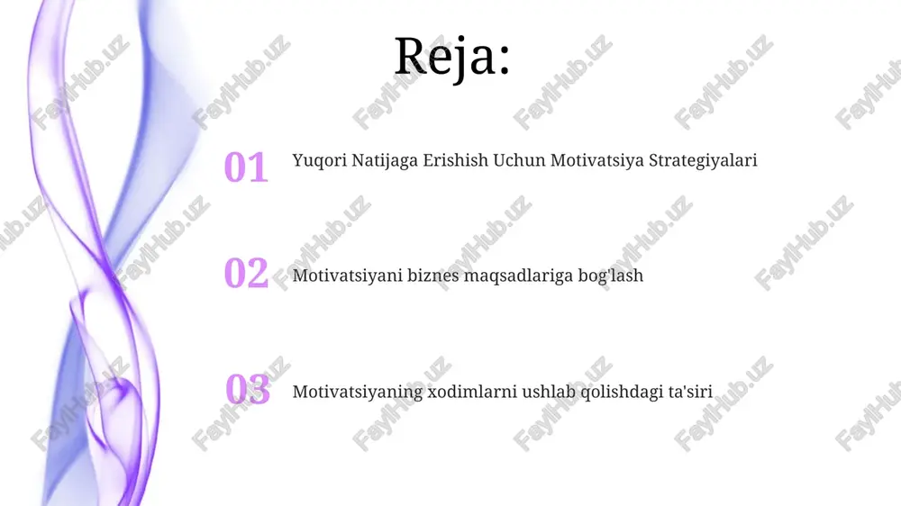 inobatga olgan holda maxsus strategiyalarni (masalan, sotuvda natijaga bog'liq bonuslar, it bo'limida professional rivojlanish imkoniyatlari, barcha bo'limlar bo'yicha jamoa qurish tadbirlari, nyu-york filialida moslashuvchan ish rejimi) o'z ichiga oladi motivatsiya dasturining ta'sirini baholash uchun boshlang'ich ko'rsatkichlar (masalan, xodimlar qoniqish ballari, chikago filialidagi 100 sotuvchi vakiliga dasturdan oldingi sotuv ko'rsatkichlari, london ofisidagi loyihalarni bajarish darajalari)ni aniqlash kerak motivatsiyani biznes maqsadlariga bog'lash 75% fortune 500 kompaniyalari tomonidan qo'llaniladigan ichki (mustaqillik, mahorat) va tashqi (bonuslar, lavozim o'sishi) motivatsiya usullari samaradorlikni 18% ga oshiradi motivatsiyaning yetishmasligi kaliforniyadagi kichik biznes va yaponiyadagi yirik korporatsiyalarda unumdorlikni (20% ga kamayish) va xodimlar davomatini (12% ga oshish) pasaytirib, rentabellikka ta'sir qiladi e'tiboringiz uchun rahmat @taqdimot_robot image4.jpg image5.jpg image6.jpg image7.jpg image8.jpg image9.jpg image10.jpg image1.jpeg image2.jpeg image3.jpeg