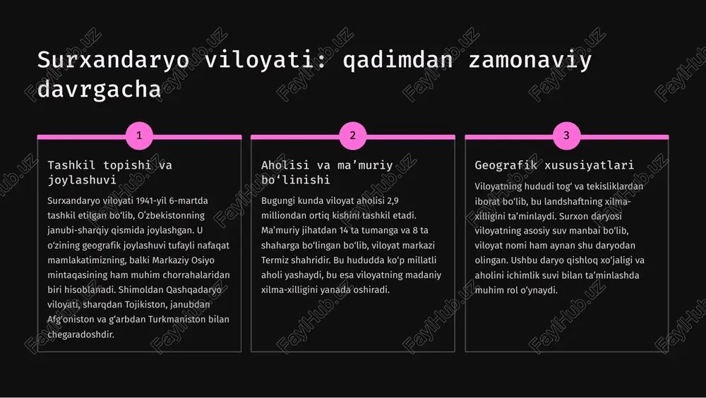 vojlanishiga ham ijobiy, ham salbiy ta9sir ko8rsatgan bo8lishi mumkin. chegaralarning tez-tez o8zgarishi aholi migratsiyasiga va iqtisodiy faoliyatga ta9sir qilgan. arxeologik boyliklar hududda yirik arxeologik va madaniy yodgorliklar, jumladan, foziltepa, qoratepa, ayritom kabi joylar mavjud. bu joylarda olib borilgan qazishmalar natijasida buddist ibodatxonalari, qadimiy shaharlar va noyob san9at asarlari topilgan. bu topilmalar viloyatning buyuk ipak yo8li madaniyatida tutgan o8rnini ko8rsatadi. madaniy markaz surxandaryo janubi-sharqiy o8zbekistonning tarixiy va madaniy markazi hisoblanadi. bu yerda islom madaniyati bilan bog8liq ko8plab me9moriy obidalar, jumladan, termizshohlar maqbarasi va hakim at-termiziy majmuasi joylashgan. viloyatda yashab o8tgan allomalar, jumladan, imom termiziy va hakim at- termiziyning ilmiy merosi bugungi kunda ham qadrlanadi. https://gamma.app/?utm_source=made-with-gamma 1 shtamp sariosiyo tumani: tarixiy va ma9muriy nuqtai nazar 1 tashkil etilishi va o8zgarishlar sariosiyo tumani 1926-yil 29-sentabrda tashkil etilgan. o8z tarixi davomida u bir necha marta ma9muriy o8zgarishlarga uchragan. xususan, 1962-1964-yillarda denov tumani bilan birlashtirilgan, so8ngra qayta alohida tuman sifatida tiklangan. bu o8zgarishlar hududning rivojlanishiga …