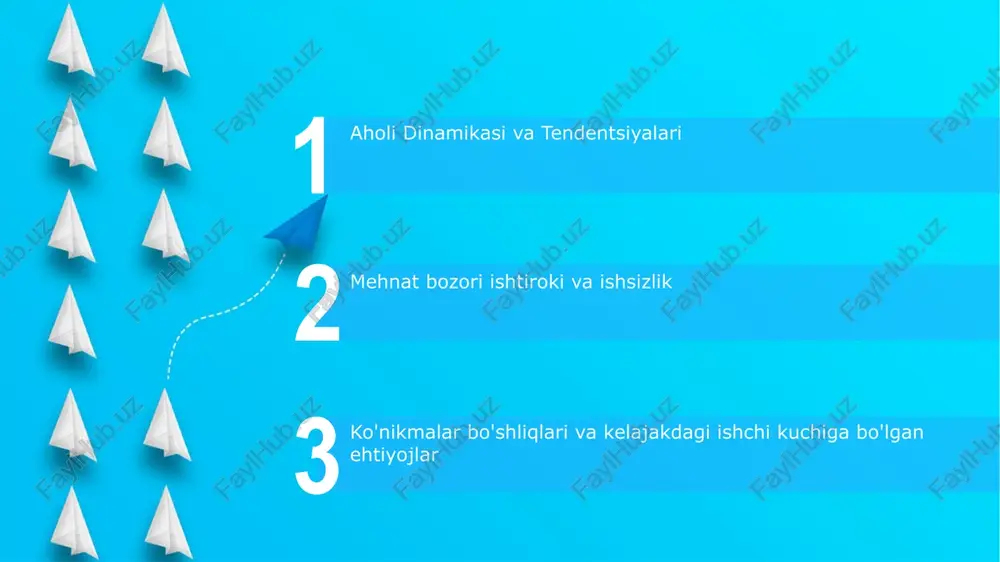 da past. bolalarni parvarish qilish imkoniyatlari va ijtimoiy kutilmalar kabi omillar bu tafovutga ta'sir qiladi germaniya mehnat bozoriga immigratsiyaning ta'siri katta, ishchi kuchining tobora ko'payib borayotgan qismi xorijliklardan iborat. malaka mos kelmasligi muammo bo'lib qolmoqda, maqsadli o'qitish va integratsiya dasturlari talab etiladi ishsizlik darajasi va tendentsiyalari 2023-yilda germaniyada ishsizlik darajasi o'rtacha 3,2% ni tashkil etdi, mintaqalar bo'yicha farq qildi (masalan, bavariyada pastroq, saksoniyada yuqoriroq), bu sharqiy germaniyaning eski sanoat tarmoqlarining pasayishi va g'arbiy mintaqalarning kuchli o'sishi kabi omillar bilan bog'liq nemisiston aholisi qarishmoqda, tug'ilish darajasi pasaymoqda, umr ko'rish davomiyati ortib bormoqda, bu esa boquvchilar nisbatiga (ishlaydigan yoshdagi aholiga nisbatan ishlamagan aholi nisbati) ta'sir ko'rsatmoqda e'tiboringiz uchun rahmat @taqdimot_robot image5.jpg image6.jpg image7.jpg image8.jpg image9.jpg image1.jpeg image2.jpeg image3.jpeg image4.jpeg