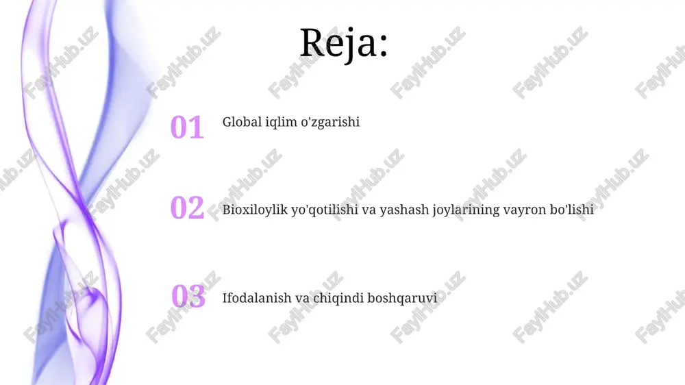 ning yo'qolishi: taxminan 1 million tur xavf ostida (ipbes 2019); yashash joylarining yo'qolishi (amazon o'rmonlarining 20% kesilishi; buyuk to'siq rifi marjonlarining oqarishi); bostirib kiruvchi turlar (masalan, florida evergladesdagi burma pitoni); haddan tashqari foydalanish (atlantika cod baliqlarining ortiqcha ovlanishi). global iqlim o'zgarishi: co2 darajasi 415 ppm dan oshdi (mauna loa observatoriyasi); global harorat oshishi (sanoatgachagi davrga nisbatan 1°c); dengiz sathining ko'tarilishi (yiliga 3 yashash joyining yo'qolishi ifloslanish: plastik chiqindilar (yil sayin 8 million tonna okeanga tushadi); havo ifloslanishi (pm2 global iqlim o'zgarishi: co2 ko'payishi (420 ppm) 1.1°c isishga, dengiz sathining ko'tarilishi (3.6 mm/yil) qirg'oq shaharlariga (mayami, shanxay, dhaka) tahdid soladi; ekstrem ob-havo hodisalari (dovul, qurg'oqchilik) ko'paymoqda; iphk hisobotlari 1.5°c dan oshsa, ofatli oqibatlar bashorat qilmoqda. invasive turlar mintaqaviy iqlim o'zgaruvchanligi hududiy havo ifloslanishi (masalan, hindistonning dehlidagi pm2 shahar issiqlik orol effekti shaharlardagi mahalliy issiqlik orollari kichik miqyosdagi uhi muammolarini aks ettiradi. qurilish materiallari (qorong'i tomlar ko'proq issiqlikni yutadi), ko'cha kanonlarining geometriyasi …