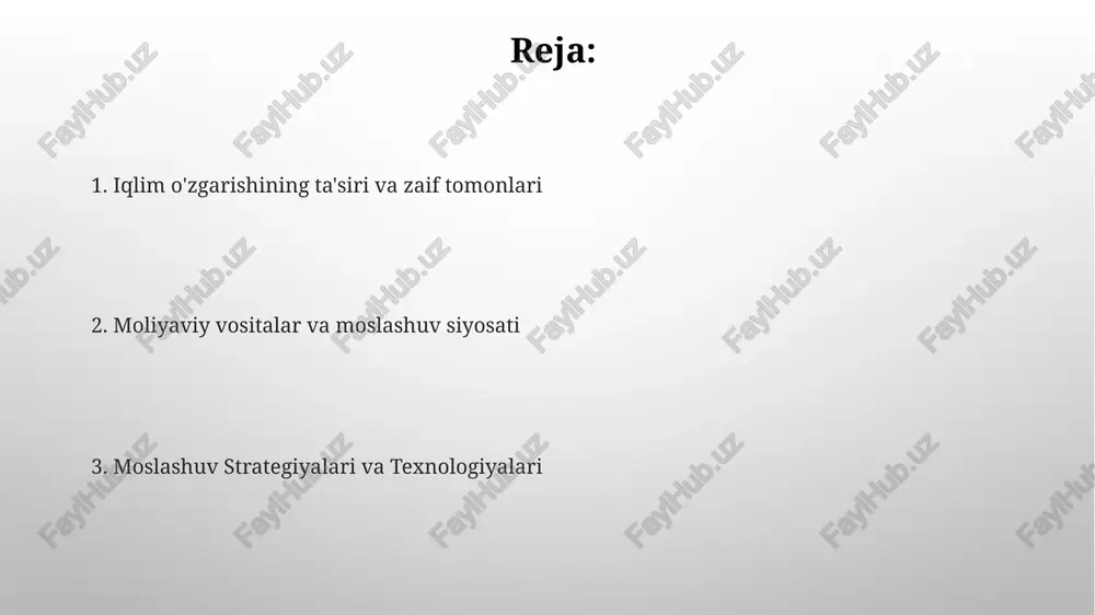 kartadagi zaif aholi uchun sog'liqqa ta'siri) iqlim o'zgarishi ta'siri mintaqalarga ko'ra farq qiladi (masalan, tuvaluda dengiz sathining ko'tarilishi, saxaroda cho'l hosil bo'lishi), shuning uchun joyga moslashgan chora-tadbirlar (masalan, orollar davlatlari uchun ko'chirish strategiyasi, qurg'oqchil hududlarda yerni barqaror boshqarish) talab etiladi iqlim o'zgarishining ta'siri dengiz sathining ko'tarilishi (3 okean kislotalanishi (sanoatgachagi davrga nisbatan ph 0,1 birlikka pasayishi) dengiz ekosistemalariga, ayniqsa, marjon riflari (oqarish hodisalari ortib bormoqda, 50% yo'qolgan), qobiqlilar (o'sish va ko'payish kamaygan) va baliqchilikka (yillik taxminan 20 milliard dollar zarar) zarar yetkazmoqda xalqaro moslashuv hamkorligi ekosistemaga asoslangan moslashuv ekologik moslashuv iqlim o'zgarishi ta'siriga qarshi turli strategiyani o'z ichiga oladi ekologik moslashuv (ema) iqlim o'zgarishiga chidamlilik uchun bioxilma-xillikni muhofaza qilish va barqaror resurslarni boshqarishni birlashtiradi iqlimga moslashishni moliyalashtirish qishloq xo'jaligi va oziq-ovqat xavfsizligi ekologik moslashuv barqaror qishloq xo'jaligi uchun muhim: agrofloristika orqali (masalan, amazonkada 2 million gektar daraxt ekish) karbon emissiyasini kamaytirish (qishloq xo'jaligidan 10-15%) va ekosistema xizmatlarini saqlash uchun bioxilma-xillikni …