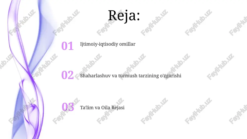 harqiy osiyoda (masalan, tayland, vetnam, singapurda) tug'ilish darajasi pasayishi ayollarning ta'lim darajasi (boshlang'ichdan oliygacha) va iqtisodiy imkoniyatlarining oshishi bilan bog'liq bo'lib, bu keyingi turmush qurish va kichik oilalar (1 ayolga 2,1 bola - almashtirish tug'ilish darajasi) ga olib keladi salomatlik muammolari va bepushtlik janubiy-sharqiy osiyodagi (masalan, tayland, vetnam, singapur) tug'ilish darajasining pasayishi unumdorlikka ta'sir qiluvchi ko'p qirrali sog'liqni saqlash muammolarini aks ettiradi janubiy-sharqiy osiyoda taxminan 10-15% juftliklarni qamrab oluvchi bepushtlik bir necha omillar, jumladan, endokrin kasalliklar (gormonlar muvozanatsizligi), turmush tarzini tanlash (chekish, alkogol sperma/tuxum sifatiga ta'sir qilishi) va yuqumli kasalliklar (masalan, ayrim hududlarda 2% ni qamrab oluvchi kichik chanoq yallig'lanishi) ta'sirida bo'ladi kontratseptiv vositalarga kirishning oshishi shaharlashuv (2030-yilga kelib bir qancha janubi-sharqiy osiyo davlatlarida 70% shaharlashuv darajasi prognoz qilinmoqda) va unga bog'liq turmush tarzining o'zgarishi (kech turmush qurish, jakarta, kuala lumpur kabi shaharlarda yashash narxining yuqoriligi) tug'ilish darajasining pasayishiga olib keladi janubiy-sharqiy osiyoda (filippin, indoneziya, malayziya) 1990-yillardan beri kontratseptiv vositalarga, …