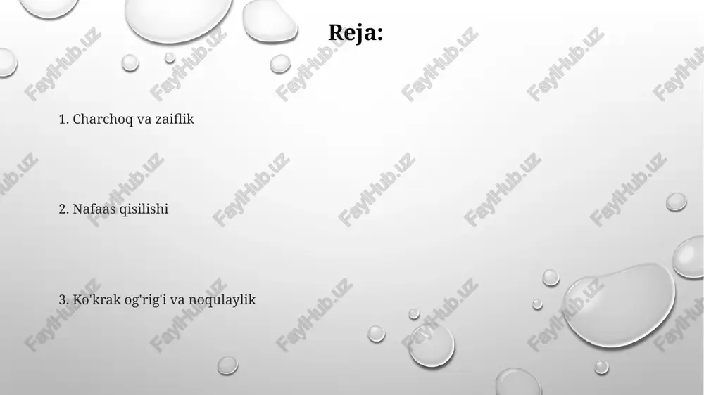 chappazma astmasi, chap tomonlama yurak yetishmovchiligi bilan bog'liq xirillashning bir turi, appalachia kabi qishloq joylarda yashovchi 65 yoshdan oshgan bemorlarning taxminan 5 foiziga ta'sir qiladi, bronxospazm va shilliq sekretsiyasining ko'payishiga olib keladi, har bir epizodning o'rtacha davomiyligi 10-20 daqiqadan oshadi charchoq yurak yetishmovchiligi bilan og'rigan bemorlarning taxminan 70 foizida charchoq kuzatiladi, ko'pgina tadqiqotlarda (masalan, framingham yurak tadqiqotida) ko'krak og'rig'idan ham ustun turadi. yurak chiqishi kamayishi to'qimalarga kislorod yetkazib berishni pasaytiradi va keng tarqalgan charchoqqa olib keladi yurak yetishmovchiligida charchoqning og'irligi chap qorincha qisqarish fraksiyasi (lvef) bilan bog'liq bo'lib, lvef ning past qiymatlari (masalan, 100 u/daq) va hushdan ketish bilan namoyon bo'ladi va millionlab odamlarga ta'sir qiladi qusish o'tkir o'pka shishi: bemorlarda paroksismal tungi nafas qisishi (ptn), ortopnea (2-3 yostiq), ko'pikli pushti balg'am (≥50 ml) va kuchli, to'satdan boshlanadigan qusish (ko'pincha ovqatdan keyin, hajmi >200 ml) aqsh kasalxonalarida nyha iii-iv sinf yurak yetishmovchiligi sharoitida kuzatiladi. o'tkir miokard infarkti (omi): ko'ngil aynishi …