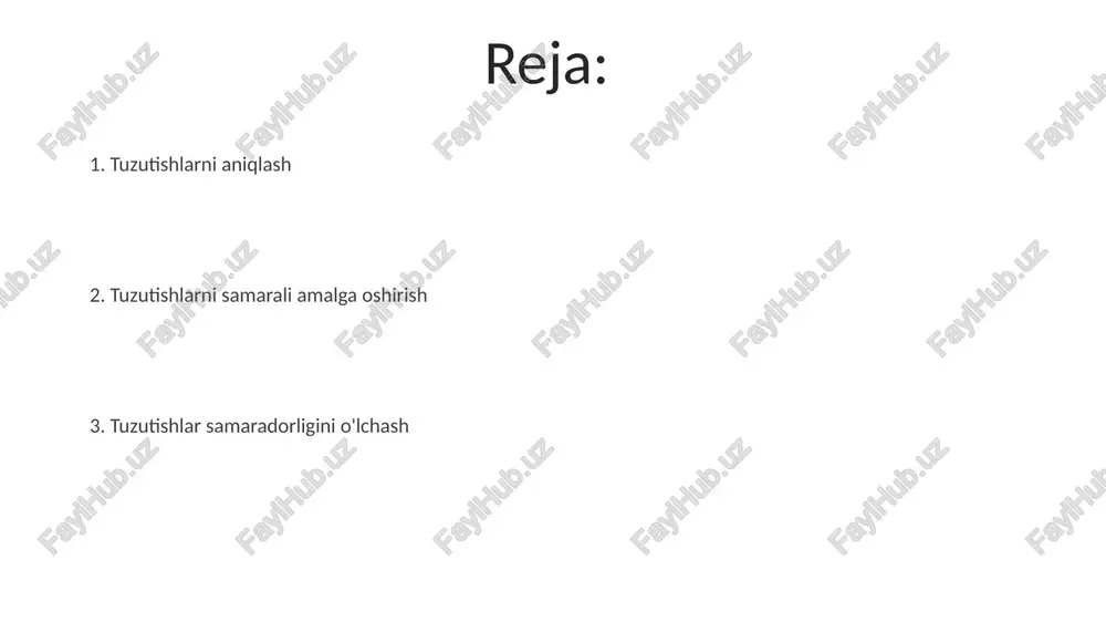 qti (mttr) ni yaxshilash (maqsad: 30% kamaytirish) va umumiy uskunalar samaradorligini (oee) oshirish (maqsad: 10% oshirish) samarali tashkilot aniq vazifalar (ishlab chiqarish nazoratchilari, texnika muhandislari, sifat nazorati) va mas'uliyatlarni talab qiladi 2-zavodning 3-chorag'idagi ishlab chiqarishga ta'sir etgan 3 ta asosiy nuqson: yetarlicha o'qitilmagan operatorlar (27%), yetarsiz profilaktik ta'mirlash (42%), eskirgan uskunalar (31%) - 1,2 million dollar zarar tuzutish choralari ta'rifi asosiy mijozlarga (masalan, walmart, target) yetkazib berish muddatlariga ta'sir ko'rsatuvchi 2 ta omil. kpi ko'rsatkichlari yordamida muntazam boshqaruv tekshiruvlari amalga oshiriladi (masalan, noqulay holatlarning takrorlanish darajasi, mijoz shikoyatlari chastotasi). detroytda 3 ta ishlab chiqarish liniyasiga ta'sir ko'rsatdi. 12345), va yig'ish maydonidagi shoshilinch ishdan chiqishlar holatlarida 2 hafta ichida o'z vaqtida bajarish. tuzutishlarni amalga oshirish muvaffaqiyatli tuzatuvchi harakatlarning amalga oshirilishi barcha tegishli bo'limlar (masalan, detroyt zavodidagi ishlab chiqarish, sifat, muhandislik) o'rtasida kuchli aloqa (masalan, kundalik brifinglar, haftalik hisobotlar) ga bog'liq e'tiboringiz uchun rahmat @taqdimot_robot image1.jpeg image2.jpeg