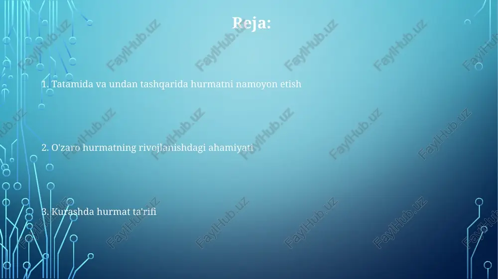 adi. g'alaba qozonish nafaqat kurash texnikasi (tashlash, ushlash, yiqitish), balki kurashning 5 ta asosiy tamoyillariga rioya qilishni ham talab qiladi kurashda hurmat ta'rifi kurash qoidalari (5-modda, 3-band)ga ko'ra, hurmatsizlik (haqorat, ortiqcha kuch ishlatish – 2-3 ball kamaytirish) jazoga sabab bo'ladi. sportchi odobi (adolatli o'yin, muloyimlik) 5 daqiqalik raundlardan tashqarida ham ahamiyatli kurashda hurmat 7 prinsipga rioya qilishni, adolatli o'yinni (noqonuniy ushlash, masalan, bo'g'ish - 2 ball chegirma) ta'kidlashni o'z ichiga oladi. sportchilar keraksiz tajovuzdan qochishadi (3 ogohlantirish, diskvalifikatsiya) kurash, an'anaviy o'zbek jang san'ati, raqiblarga chuqur hurmat (adab) talab qiladi g'alaba va mag'lubiyatni nafislik bilan qabul qilish mag'lubiyatlar o'z-o'zini tahlil qilishni talab qiladi; taktik xatolarni (masalan, yetarlicha tayyorgarliksiz, kuchsiz ushlash) tahlil qilish va raqibning ustunligini tan olish kelajakdagi yutuqlarga yordam beradi. qo'lga kiritilgan ochkolar (3-0, 10-8) o'rganish uchun muhim. kurashda g'alabalar kamtarlikni, raqibning mahoratiga hurmatni (masalan, 2023-yil toshkentdagi kurash bo'yicha jahon chempionati) talab qiladi, sportchilikka mos xulq-atvor uchun haddan tashqari shodlanishdan …