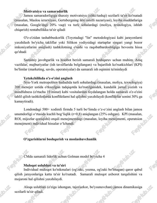 riga (masalan, google'dagi 20% vaqt) va turli sohalardagi (moliya, texnologiya, ishlab chiqarish) rentabellikka ta'sir qiladi o'z-o'zidan tashabbuskorlik (toyotadagi "lin" metodologiyasi kabi jarayonlarni yaxshilash bo'yicha takliflar yoki silikon vodiysidagi startaplar singari yangi bozor imkoniyatlarini aniqlash) tashkilotning o'sishi va raqobatbardoshligiga bevosita hissa qo'shadi samimiy javobgarlik va hisobot berish samarali boshqaruv uchun muhim. aniq vazifalar, majburiyatlar (ish tavsiflarida belgilangan) va bajarilish ko'rsatkichlari (kpi) bo'limlar (marketing, savdo, operatsiyalar) da samarali ish oqimini ta'minlaydi yetakchilikda o'z-o'zini anglash nyu-york metropoliten hududida turli sohalardagi (masalan, moliya, texnologiya) 200 menejer ustida o'tkazilgan tadqiqotda ko'rsatilganidek, kundalik jurnal yozish va mindfulness (o'rtacha 10 minut) kabi vositalardan foydalangan holda samarali o'z-o'zini tahlil qilish tashkilotlarda konfliktlarni hal qilishni yaxshilaydi (konfliktlar sonini 30% ga kamaytiradi). londondagi 500+ xodimli firmda 5 turli boʻlimda oʻz-oʻzini anglash bilan jamoa unumdorligi oʻrtasida kuchli bogʻliqlik (r=0,8) aniqlangan (25% oshgan). kpi (masalan, roi, mijozlar qoniqishi) orqali menejmentdagi (masalan, loyiha menejmenti, operatsion menejment) individual hissalar oʻlchandi. o'zgarishlarni boshqarish va moslashuvchanlik …