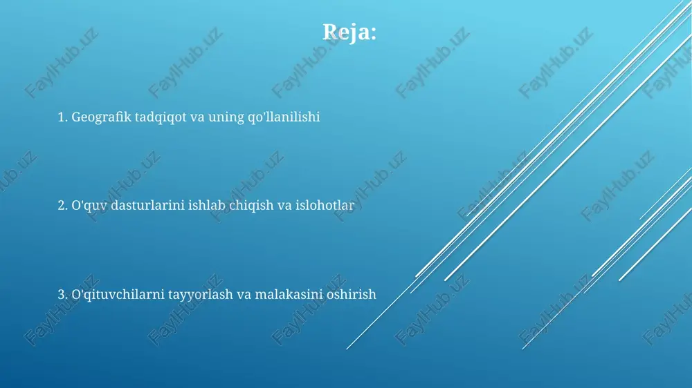 ldi, 5000 dan ortiq talaba fazoviy tahlil, kartografiya va masofadan zondlash bo'yicha o'qitildi va 5 ta nashriyotning darsliklarini qayta ko'rib chiqishga ta'sir ko'rsatdi. muammolar va kelajakdagi yo'nalishlar geografik savodxonlikni yaxshilash o'zbekistonning geosiyosiy konteksti va 447 400 kv o'zbekiston geografiya ta'limi zamonaviy gis texnologiyalarni (masalan, arcgis) 12 hududga joriy etishda qiyinchiliklarga duch kelmoqda, bu amudaryo havzasining 415 000 kv.km maydonini yoki qoraqum cho'lining noyob ekosistemalarini tahlil qilish kabi o'rganilgan tushunchalarning amaliy qo'llanilishiga ta'sir ko'rsatmoqda kelajakdagi yo'nalishlar: fanlararo yondashuvlarni rivojlantirish, geografiyani boshqa fanlar (masalan, tarix, atrof-muhitshunoslik) bilan integratsiyalashtirish orqali talabalarning tushunchalarini boyitish. toshkent (2,5 mln darslik tahlili va evolyutsiyasi oʻzbekistonning geografiya darsliklari (1991-hozir) sovet davri (rejalashtirilgan iqtisodiyot, kolxozlashtirish)dan mustaqil davlat qurishga (milliy gʻoya, bozor iqtisodiyoti) oʻtishni aks ettiradi, toshkent, samarqand va fargʻona vodiylaridagi mazmunni oʻzgartiradi darslikdagi so'zlarning miqdoriy tahlili geografik xususiyatlarga (masalan, amudaryo daryosiga urg'u kuchayishi, paxta yetishtirishga urg'u kamayishi) va ekologik muammolarga (masalan, orol dengizi inqirozi, qoraqalpog'istondagi cho'l bosishi) bo'lgan munosabatning …