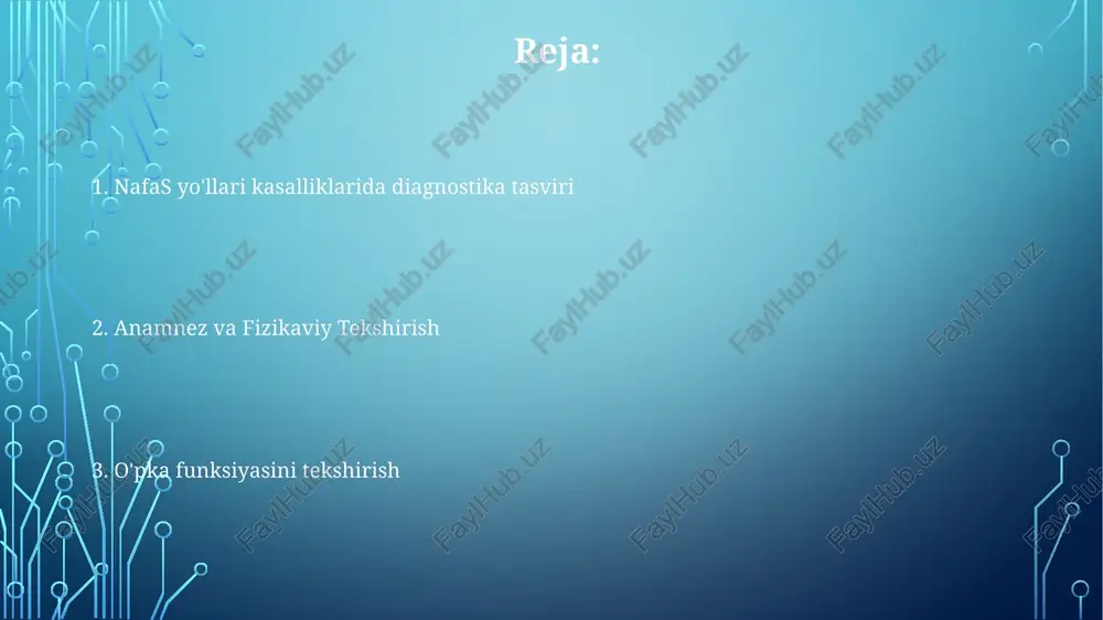 gt) nafas olish kasalliklarini tashxislashda muhim bo'lib, radial, brakial yoki femoral arteriyalardan olingan qon namunalarida pao2, paco2, ph va hco3- ni o'lchaydi. tahlil gipoksemiya, giperkapniya, atsidoz yoki alkalozni aniqlaydi qon gazlari tahlilini talqin qilish nafas olish va metabolik komponentlarni tushunishni talab qiladi. balg'am tahlili balg'am rangi (sariq-yashil - bakteriya infektsiyasi, zang rang - pnevmokokkli pnevmoniya), qovushqoqligi (yopishqoq, yiringli), hajmi (bronxit, kistoz fibrozda ko'payadi) va hidi (yoqimsiz hid anaerob infektsiyasini ko'rsatadi) makroskopik tekshiruv orqali baholanadi anamnez yig'ish tibbiy ko'rik o'ng o'pka tagida to'q urish, tebranish kuchaygan. bemor jismoniy harakatda nafas qisishi, balg'amli yo'tal va ko'krak og'rig'idan shikoyat qiladi. ta: 140/90 mm sim.ab., yurak urishi 100 daqiqada, nafas olish 24 daqiqada. shikoyatlar 2 haftadan beri, chikago shahrida boshlangan. bemor jismoniy tekshiruvda qo'shimcha nafas olish mushaklaridan foydalanmoqda. o'pkalarning ikkala maydonida nafas olishi susaygan va keng tarqalgan xirillash eshitiladi. pulsoksimetriya burun kateteri orqali 2l kislorodda 90% to'yinganlikni ko'rsatmoqda. bemor astma va mushuklarga allergiyasi tarixini …