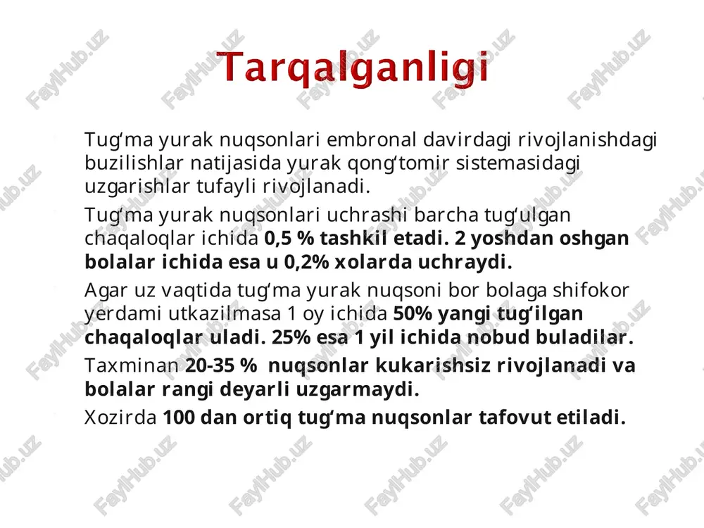 nuksoni mitral stenozi bilan. ikkinchi gurux — yurak ichidagi venoz konni arterial kon okimiga okishi bilan kuzatiladigan nuksonlar (o‘ngdan chapga, birlamchi-ko‘k). bu guruxga — fallo uchligi, tetradasi va pentadasi, uchtabakali kopkokni atreziyasi, magistral tomirlarni transpozitsiyasi kiradi uchinchi gurux — yurak magistral arteriyalarining torayishi bilan kuzatiladigan to‘gma nuksonlar: o‘pka arteriyasining stenozi, aorta stenozi, aorta koarktatsiyasi. tug’ma nuqsonlar fallo tetradasi ko’krak bukriligi exokardiografiya rentgenografiya kt mrt yurak kameralarini zondlash angiokardiografiya tez xolsizlanish ish vaktida kuchayadigan xansirash yurakni tez urushi jismoniy rivojlanishdan orqada qolishi tez-tez o’tkir respitor kasalliklarga chalinish teri rangini oqimtir tusga kirishi tananing pastki qismini ko‘karishi qorinchalar aro to’siq nuksoni qorinchalar aro devorning nuqsoni xansirash terini oqimtir tusga kirishi jigarni kattalashishi gipotrofiya jismoniy rivojlanishidan orqada qolish ko‘krak kafasini deformatsiyasi to’sh suyagining chap tomonida iii-iv qovurg’alar aro soxasida sistolik shovqini nukson soxasiga yamok tikilgan korinchalar aro devorning nuksoni o‘pka arteriyasini torayishi, korinchalar aro tusik nuksoni, aortani o‘ng tomonga siljishi va uni korinchalar …