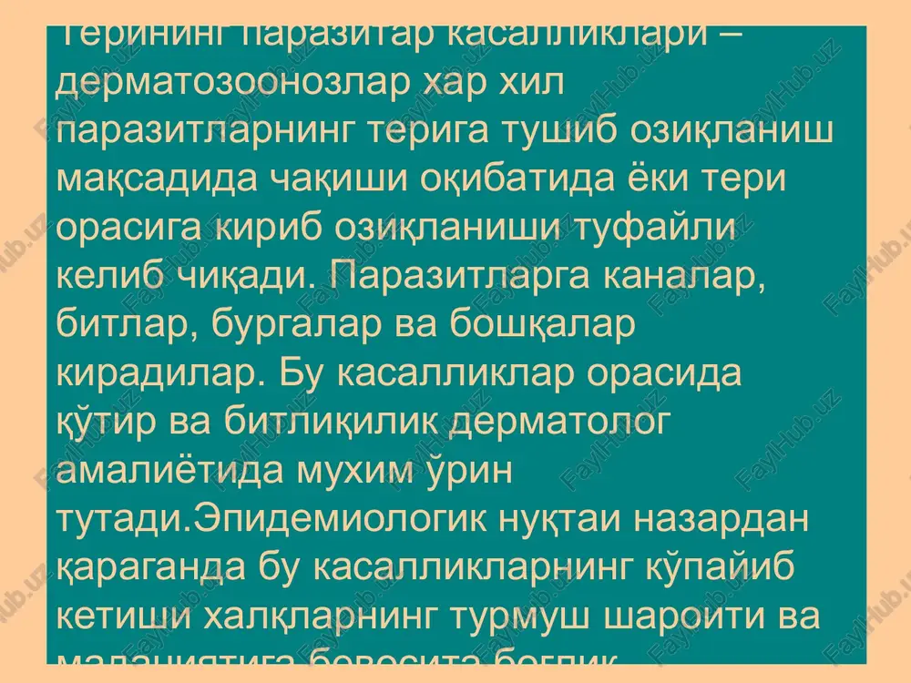 ridagi asosiy toshma bu qo'tir yo'lidir. qo'tir yo'li egri bugri yoki to'g'ri shakldagi, rangi teri rangi bilan bir xilda yoki och kulrangroq,teri satxidan biroz ko'tarilib turadigan, uzunligi 0,5-1 sm keladigan chiziqsimon ko'rinishda bo'ladi. uning oxiridagi berk tomonida kichkina papula yoki vezikula ko'zga tashlanadi. ayrim xollarda qo'tir yo'lining uzunligi 10smgacha etishi mumkin. agar kasallangan soxaga siyoh surkalsa, qo'tir yo'li yaxshiroq ko'rinadi, chunki siyoh qo'tir yo'liga kirib uni bo'yaydi. qo'tir yo'llari eng ko'p uchraydigan soxalar: qo'l panjalari orasi,kaft-tirsak bo'g'imining ichki yuzasi,jinsiy a'zolar soxasi, tirsak bo'g'imi (ichki yuzasi), dumbalar soxasi, qorin (ayniqsa kindik atrofi). ko'krak yoshidagi bolalarda kasallik boshning sochli qismida, bo'yinda, yuzda, tovonlarda xam kuzatiladi. bemorlarda diagnoz qo'yishga yordam beradigan quyidagi simptomlar kuzatilishi mumkin: gorchakov-ardi simptomi- tirsakning tashqi tomonidagi terida qaloqlar bilan qoplangan papulovezikulalar. sezari simptomi- barmoq bilan paypaslaganda, barmoqqa qo'tir yo'li relefining urilishi (sezilishi). bazen tepaligi- paypaslash davom ettirilganda qo'tir yo'li oxirida biroz do'nglikning (tepalikning) aniqlanishi. romberg uchburchagi-terining bel-dumg'aza soxasida qo'tirga …