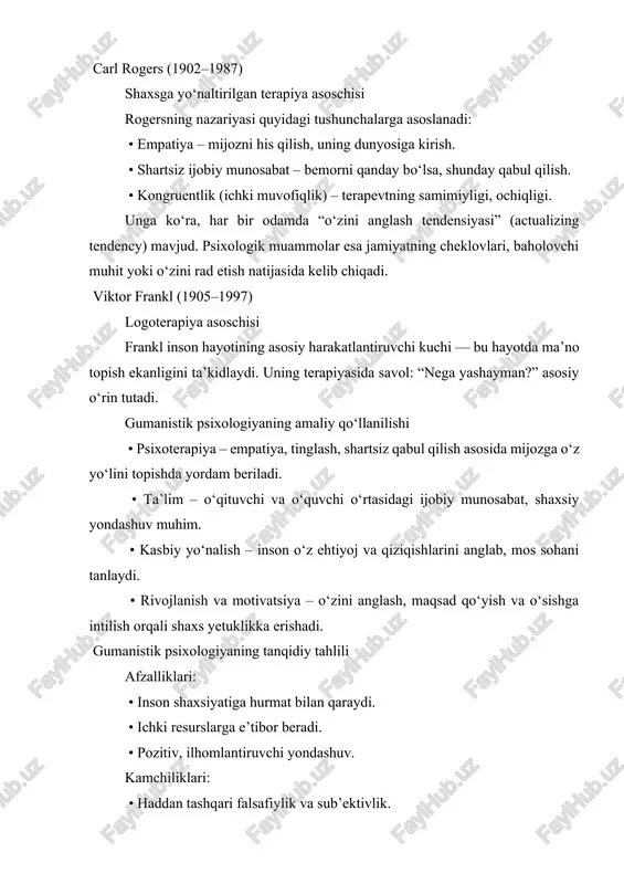 ogoterapiya asoschisi frankl inson hayotining asosiy harakatlantiruvchi kuchi — bu hayotda ma’no topish ekanligini ta’kidlaydi. uning terapiyasida savol: “nega yashayman?” asosiy o‘rin tutadi. gumanistik psixologiyaning amaliy qo‘llanilishi • psixoterapiya – empatiya, tinglash, shartsiz qabul qilish asosida mijozga o‘z yo‘lini topishda yordam beriladi. • ta’lim – o‘qituvchi va o‘quvchi o‘rtasidagi ijobiy munosabat, shaxsiy yondashuv muhim. • kasbiy yo‘nalish – inson o‘z ehtiyoj va qiziqishlarini anglab, mos sohani tanlaydi. • rivojlanish va motivatsiya – o‘zini anglash, maqsad qo‘yish va o‘sishga intilish orqali shaxs yetuklikka erishadi. gumanistik psixologiyaning tanqidiy tahlili afzalliklari: • inson shaxsiyatiga hurmat bilan qaraydi. • ichki resurslarga e’tibor beradi. • pozitiv, ilhomlantiruvchi yondashuv. kamchiliklari: • haddan tashqari falsafiylik va sub’ektivlik. • tajriba asosidagi dalillar ozroq. • og‘ir psixik kasalliklarga kam ta’sir qiladi. gumanistik psixologiya insonning o‘ziga xosligini, erkinligini, o‘z-o‘zini rivojlantirish va maqsadlarni amalga oshirishdagi imkoniyatlarini o‘rganadi. bu maktabning markazida insonning ichki potensiali va sub’ektiv tajribasi turadi. gumanistik psixologiya, ayniqsa, abraham …