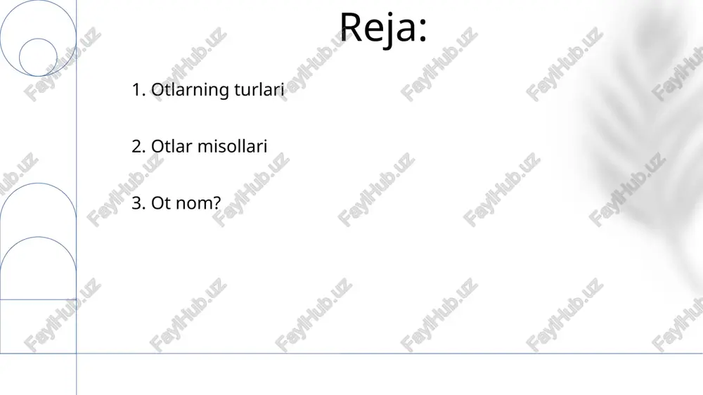 o'ziga xos nomlar (masalan, shekspir, seshanba, xristianlik) aniq nomlar; umumiy otlar (masalan, yozuvchi, kun, din) umumiy. aniq otlar (masalan, mashina, suv, bino) seziladigan narsalarga; mavhum otlar (masalan, sevgi, adolat, erkinlik) seziladigan bo'lmagan tushunchalarga ishora qiladi. to'plam otlar (masalan, qushlar surusi, futbolchilar jamoasi, baliqlar maktabi) guruhlarni bildiradi; hisoblanadigan otlar (masalan, uchta olma, ikkita mashina) sanaladi; massa/sanalmaydigan otlar (masalan, shakar, havo, ma'lumot) sanalmaydi. 6. boshqa ot turlari london, angliya; everest togʻi, nepal; prezident bayden, aqsh; amazon daryosi, janubiy amerika; eyfel minorasi, parij, fransiya. 2.345 eman daraxt, redwood milliy bog'i; 10 kg un, nonvoyxona; bitta qizil gul, ingliz bog'i; beshta antik stul, viktoriya qasri; kumush qoshiq, 18-asr ovqat to'plami. 7. aniq otlar konkret otma otlar, masalan, fransiyaning nîmes shahridagi 2000 yillik rim akveduki yoki detroyt, michigan muzeyidagi 1967 yilgi ford mustang kabi, aniq narsalarni bildiradi; erkinlik yoki adolat kabi mavhum otlardan farqli o'laroq o'zbekcha (lotin yozuvida): xususiy nomlar (masalan, himoloy tog'laridagi everest tog'i …