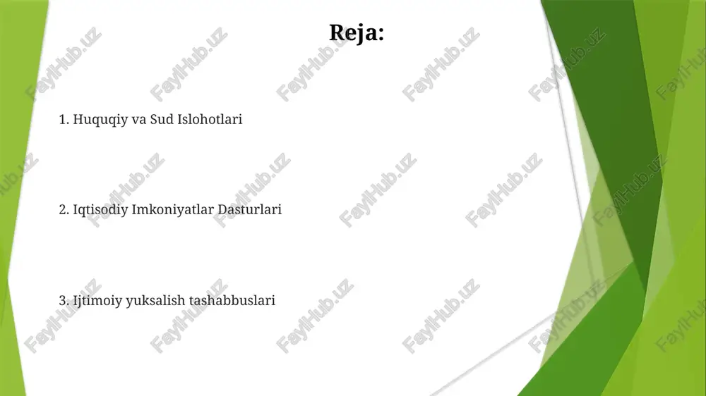 affoflikni rag'batlantiradi o'zbekistonning 2022-2026 yillardagi strategiyasi 35 milliondan ortiq fuqaroni qamrab oluvchi inson huquqlari yaxshilanishiga, nutq, yig'ilish (masalan, toshkentdagi ommaviy forumlar) va din erkinliklariga 12 hududda e'tibor qaratadi muhim ijtimoiy islohotlar: 1 mln.dan ortiq oilani qamrab olgan qashshoqlikni kamaytirish dasturlari (farg'ona vodiysi kabi qishloq joylarga urg'u berilgan), sog'liqni saqlash (500 dan ortiq yangi klinikalar) va ta'lim (100 dan ortiq yangi maktablar)ga kirishni yaxshilash ekologik muhofaza va barqarorlik o'zbekistonning 2022-2026 yillardagi "yashil" iqtisodiyotga o'tish strategiyasi 2030 yilga kelib issiqxona gazlari chiqindilarini 30% ga kamaytirishga qaratilgan bo'lib, qoraqalpog'iston va toshkent viloyatlarida 10 milliard dollardan ortiq investitsiyalarni jalb qilgan qayta tiklanuvchi energiya (quyosh, shamol) loyihalariga e'tibor qaratadi. "nurli yo'l" dasturi doirasida 2025 yilgacha 1 milliard daraxt ekish (qizilqum cho'li kabi cho'llik hududlarni qayta tiklash), va 2030 yilga kelib suv sarfini 15% kamaytirish maqsadida qishloq xo'jaligi hududlarida sug'orish tizimlarini modernizatsiya qilish orqali barqaror rivojlantirish tashabbuslari amalga oshirilmoqda. ijtimoiy islohotlarga minimal ish haqining sezilarli darajada …