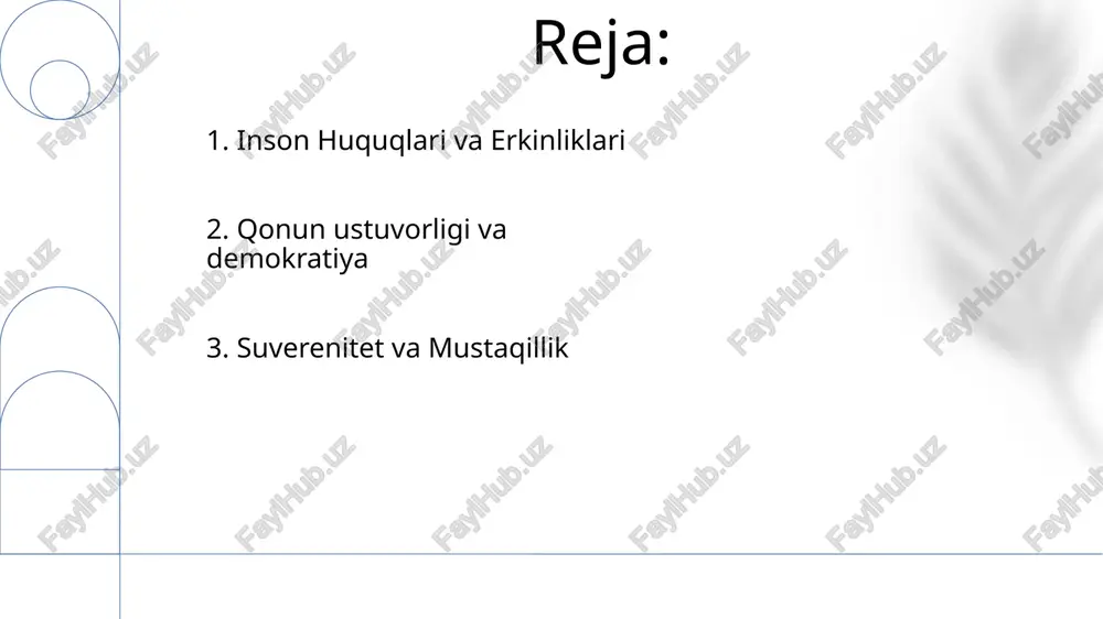 (15-modda) kafolatlab, toshkent shu jumladan 12 ta ma'muriy viloyat bo'ylab 35 million fuqaroning huquqiy ishonchini ta'minlaydi konstitutsiyaning oliylik klauzusi (14-modda) inson huquqlari (20-26-moddalar) kabi fundamental tamoyillarni himoya qiladi va oliy majlis (150 a'zoli ikki palatali qonun chiqaruvchi organ) kabi organlar tomonidan nazorat qilinadi. 1998 yildagi inson huquqlari bo'yicha ombudsman to'g'risidagi qonun javobgarlikni kuchaytiradi 3. huquq ustuvorligi va huquqiy aniqlik ekologik muhofaza qonunlari (masalan, ekologik muhofaza to'g'risidagi qonun) jarima, sanksiya va jinoiy javobgarlik orqali bajarilishini ta'minlaydi; 5000 dan ortiq ekologik inspektorlar mamlakat bo'ylab monitoring olib borishadi o'zbekiston konstitutsiyasi 59-moddasi atrof muhitni muhofaza qilishni, davlatning tabiiy resurslarni (suv, yer, foydali qazilmalar – 33, 40-moddalar) boshqarishdagi mas’uliyatini belgilaydi; barqaror rivojlanish va ekologik xavfsizlikka 12 ta ma’muriy viloyatda (masalan, toshkent, samarqand) ustuvorlik beriladi asosiy tamoyillar (18, 25, 59-moddalar) fuqaroning sog'lom muhitga bo'lgan huquqini kafolatlaydi va tabiatga zarar yetkazadigan (masalan, 59-moddada belgilangan chegaradan oshib ketgan ifloslanish) faoliyatni taqiqlaydi 4. ekologik muhofaza o'zbekiston konstitutsiyasi uchta hokimiyat …