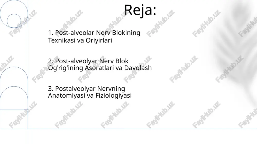 kin jiddiy; infraorbital, bukkal, mental nervlarni qamrab oladi alveolar nerv blokidagi og'riq (2-10%) nerv shikastlanishi (neyropraksiya, aksonotomezis, neyrotomezis), infeksiya yoki in'ektsiya joyidagi (pterigopalatina chuqurchasi, yuqori jag' suyagi tuberositasida) gemostaz muammolari tufayli yuz berishi mumkin. og'riqni davolash usullari: nsaidlar, opioidlar, kortikosteroidlar va nerv bloklari (stellat ganglion blok) 3. xulosa va kelajakdagi rejalar pastalveolar nerv anesteziyasi, pastki jagʻning orqa qismidagi stomatologik muolajalar uchun muhim boʻlib, mandibular teshik yaqinidagi aniq inʼyeksiya texnikalarini oʻz ichiga oladi. muvaffaqiyatli infiltratsiya anestezik eritmani nervning terminal shoxchalari yaqiniga, molar mintaqasiga (46-48) yuborishni talab qiladi pastalveolar nerv anesteziyasi yoki unga bog'liq muolajalar davomida og'riq asoratlari quyidagilarni o'z ichiga olishi mumkin: pastki lab, iyag yoki yonoq sohasida bir necha hafta davom etadigan doimiy parestez (uyqusizlik yoki qichishish) pastalveolyar nerv, uch shoxali nervning (v3) pastki jag' suyagi shoxidan (cn v) chiqib, katta molar tishlarini, milklarni va pastki jag'ning orqa shilliq qavatini innervatsiya qiladi 4. postalveolyar nervning anatomiyasi 24-26-chi tishlarni olib tashlash, …
