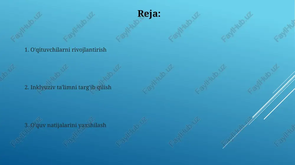 hun o'qishda qiynalayotgan 20% o'quvchilarga yo'naltirilgan qo'shimcha mashg'ulotlar, farqlashtirilgan o'qitish usullari va individual o'quv rejalari qo'llaniladi talaba faolligini oshirish talaba faolligini oshirish (25%): aqshning 30 dan ortiq kollejlarida teskari sinf xonalari, muammoga asoslangan o'qitish (pbl) kabi innovatsion pedagogik strategiyalar orqali; faol o'rganishni rivojlantirish (70%): guruh loyihalari va muhokamalar orqali (tarix, fan kabi fanlardan) chikagodagi 10 maktabda turli o'quv uslublariga (vizual, auditoriy, kinestetik) moslashtirilgan differentsial ta'limga qaratilgan pedagogik yangiliklarni ishlab chiqish (35%). maqsad: 3 ta o'quv yili (2020-2023) davomida maktab yozuvlari orqali o'quvchilarning o'rtacha ballarini 12% ga oshirish o'qitish samaradorligini oshirish e'tiboringiz uchun rahmat @taqdimot_robot image1.jpg image2.jpg image3.jpg image4.jpg image5.jpg image6.jpg image7.jpg