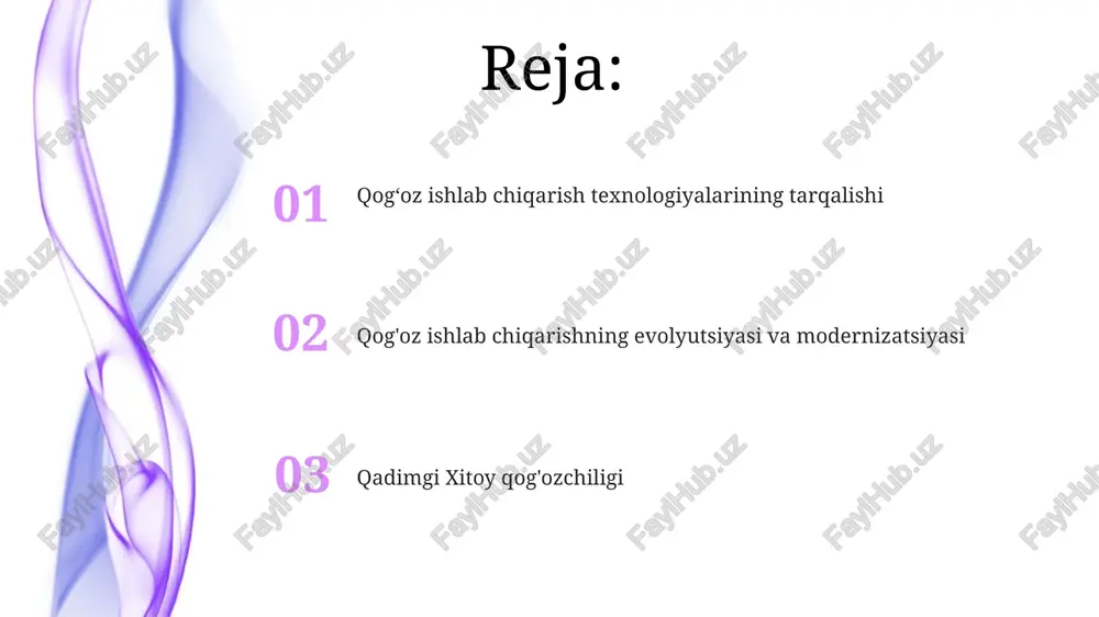 etib, surmalar va hujjatlar uchun ishlatilgan. 12-asr yevropasi: qog'oz ishlab chiqarish texnologiyasi islom olamidan ispaniya va italiyaga o'tdi. qolipdagi simli dizaynlar yordamida suv belgilar paydo bo'lib, tasdiqlash va sanani aniqlashga yordam berdi. zig'ir matosi ishlatiladigan tegirmonlar ko'payib, qog'oz sanoati gullab-yashnadi va yevropada bosmaxona inqilobini qo'llab-quvvatladi. xitoy (mil. 105): cai lunning ixtirosi: tut daraxtining poʻsti, zigʻir, latta va boshqa oʻsimlik tolalaridan, shuningdek, suvdan foydalanib, papirusdan ustun boʻlgan varaqli qogʻoz yaratildi. bu sharqiy osiyodagi bosmaxona va buyuk ipak yoʻli orqali aloqalarga taʼsir koʻrsatdi. e'tiboringiz uchun rahmat @taqdimot_robot image1.jpeg image2.jpeg image3.jpeg