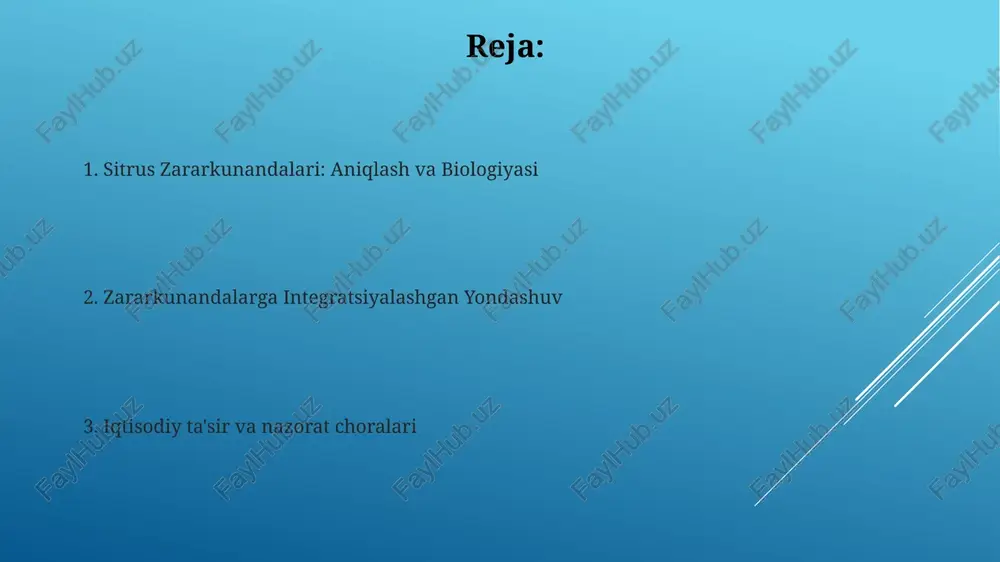 hosildorlikni 30% dan ortiq kamaytiradi sitsiliya hasharotlari sitrus daraxtlarini susaytiradi, ularni boshqa zararkunandalar va kasalliklarga moyil qiladi, meva sifatiga (sharbat miqdori, ta'mi) va miqdoriga (o'lchami, soni) ta'sir qiladi meva pashshalari sitrus mevalarida meva pashshasi zararidan yiliga 100 million dollardan ortiq iqtisodiy zararlar turli hududlarda kuzatilmoqda. 10-30% gacha mevalar zararlanishi karantin choralarini talab qiladi va eksport bozorlariga (masalan, aqsh, yei) ta'sir qiladi o'rta yer dengizi mevali pashshasi (ceratitis capitata) subtropik sitrus yetishtirishda (masalan, florida, kaliforniya, o'rta yer dengizi mintaqalari) katta iqtisodiy zararlar keltiradi trips sitruslarda trips (masalan, scirtothrips citri, frankliniella schultzei) zararkunandalari florida, kaliforniya, o'rtayer dengizi mintaqalari va osiyoning ayrim hududlarida uchrab, barg va mevalarda oqish va nuqta hosil qilib, hosildorlikni 10-30% ga kamaytiradi sitrus mevalarida (ayniqsa, diametri 1 dyuymdan kichik yosh mevalarda) gullayotgan va meva rivojlanishining dastlabki bosqichlarida tripslarning zararlanishi yirik sitrus yetishtiruvchi hududlarda (masalan, avstraliya, argentina) chandiqlar va deformatsiyalarni keltirib chiqaradi, bozor qiymatini 20-40% gacha pasaytiradi chirqanlar sitrus tırtıllari …