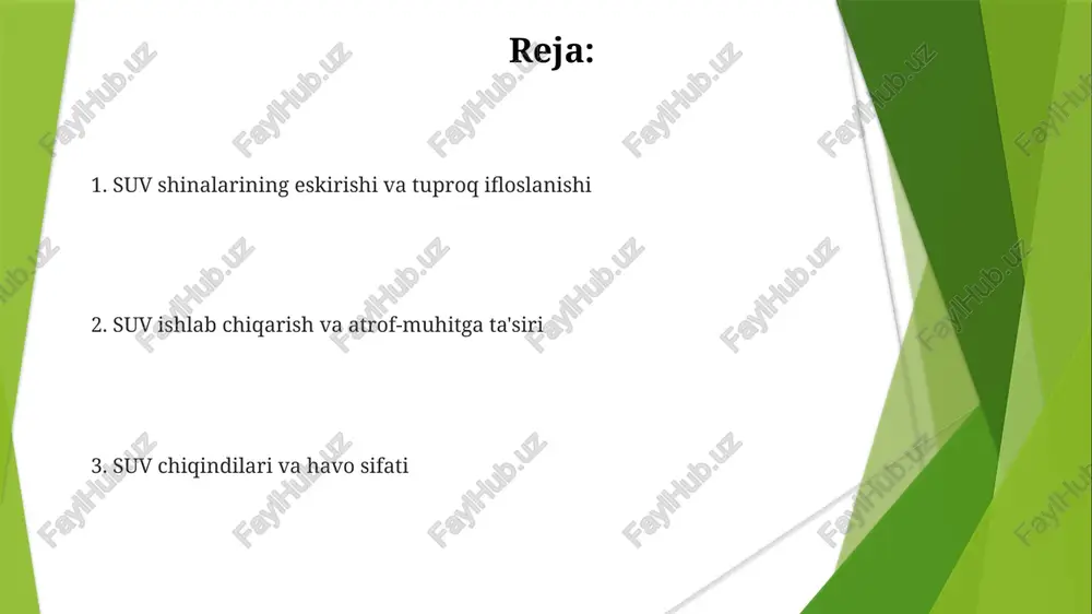 h) orqali katta hajmdagi avtomobillardan foydalanishni kamaytirish havo ifloslanishini (nox, pm2.5) kamaytirib, nafas olish salomatligiga (masalan, dehlidagi astma darajasi) ta'sirini yo'qotadi suvlarning co2 chiqindilari (200-400g/km) havo ifloslanishiga, shahar havosining sifati (masalan, los-anjeles, epa standartlaridan oshib ketgan) va kislotali yomg'ir orqali tuproq kislotalanishiga (ph < 5.6) ta'sir ko'rsatib, ekotizimlarga (masalan, appalachi o'rmonlari) zarar yetkazmoqda barqaror ishlab chiqarish (masalan, qayta ishlangan materiallarni ishlatish, karbon izini 20% kamaytirish) va yoqilgʻi samaradorligini oshirish (masalan, gibrid texnologiyalar, mpg ni 30% ga oshirish) suv larning hayot davri davomida atrof-muhitga taʼsirini kamaytiradi suv ishlab chiqarishning ekologiyaga ta'siri oxirgi hayot davri suvlari qabristonlarning to'lib-toshishini (masalan, kaliforniyada yiliga 2 million avtomobil) keltirib chiqaradi, tuproq va yer osti suvlariga zaharli moddalar (og'ir metallar, plastmassalar) chiqarib, ekologik tizimlarni ifloslantiradi katta hajmdagi avtomobillar (suv)ning chiqindilari ixcham avtomobillarga nisbatan ancha yuqori (25-50%) bo'lib, havo ifloslanishiga, issiqxona gazlari (co2, metan, azot oksidi) chiqishiga va global isishga olib keladi. chiqindi naychalardan chiqadigan zarracha moddalar (pm2.5) …