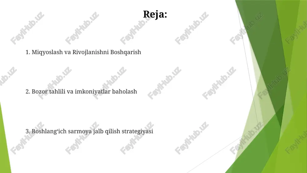 faoliyatining jihatlari operatsion xatarlarni (yetkazib berish zanjiri uzilishlari, kiberxavfsizlik tahdidlari), tartibga solish to'siqlarini (masalan, fda tasdiqlashlari, atrof-muhit ruxsatnomalari) bartaraf etish va yuqori malakali mutaxassislarni jalb qilish va ushlab turish uchun kuchli kompaniya madaniyatini shakllantirishni o'z ichiga oladi bozor tahlili va imkoniyatlar baholash 2023-yil 3-choragida aqsh elektron tijorati savdosi 15% ga o'sib, 1 trillion dollardan oshdi. bu esa ekologik moda (masalan, patagonia kompaniyasining 30% o'sish), shaxsiylashtirilgan sog'liqni saqlash (masalan, teladoc kompaniyasining kaliforniyadagi 20% o'sish) kabi sohalarda katta imkoniyatlar borligini ko'rsatadi 2022-yilda buyuk britaniyada tadbirkorlik faoliyati 10% ga oshdi. londondagi silikon aylanasi texnologiya startaplari va shotlandiyaning qishloq joylaridagi qishloq xo‘jaligi texnologiyalari firmalari shu jumladan xavfni boshqarish va kamaytirish bozor imkoniyatlarini aniqlash (masalan, hindiston elektron tijorat sektoridagi qondirilmagan iste'molchilar ehtiyojlari, silikon vodiysidagi texnologik yutuqlar, germaniyadagi barqaror energiyadagi yangi tendentsiyalar) va bu imkoniyatlardan foydalanish uchun yangi korxonalar yaratish tadbirkorlik faoliyatini o'z ichiga oladi moliyaviy prognoz va bashoratlar tadbirkorlik faoliyati (kauffman indeksi va gem ma'lumotlari …