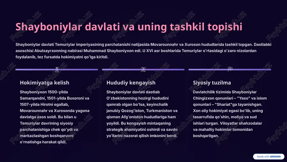 yildi. bu kengayish mintaqaning strategik ahamiyatini oshirdi va savdo yoʻllarini nazorat qilish imkonini berdi. siyosiy tuzilma davlatchilik tizimida shayboniylar chingizxon qonunlari – "yaso" va islom qonunlari – "shariat"ga tayanishgan. xon oliy hokimiyat egasi boʻlib, uning tasarrufida qoʻshin, moliya va sud ishlari turgan. viloyatlar shahzodalar va mahalliy hokimlar tomonidan boshqarilgan. 2 iqtisodiy asoslar: dehqonchilik va sug'orish tizimlari shayboniylar davlatining iqtisodiy asosi, asosan, dehqonchilikka tayanar edi. movarounnahr va xurosonning serhosil yerlari qadimdan sugʻorish tizimlari orqali moʻl hosil berib kelgan. shayboniylar hukmronligi davrida ham dehqonchilikni rivojlantirishga alohida eʼtibor qaratildi. sug'orish inshootlari yangi ariq va kanallar qazildi. qadimiy sugʻorish tarmoqlari tiklandi va taʼmirlandi. daryolar, xususan, amudaryo va sirdaryodan suv olish tizimlari takomillashtirildi. zarafshon va qashqadaryo vohalarida dehqonchilik yuqori darajada rivojlandi. asosiy ekinlar bugʻdoy, arpa, sholi kabi don ekinlari asosiy oʻrinni egalladi. paxta, zigʻir kabi texnik ekinlar ham ekilib, toʻqimachilik sanoati uchun xomashyo yetishtirildi. meva-sabzavotchilik, ayniqsa, uzumchilik, polizchilik rivojlandi. "dehqonchilikning gullab-yashnashi mamlakatning iqtisodiy qudratini taʼminladi …