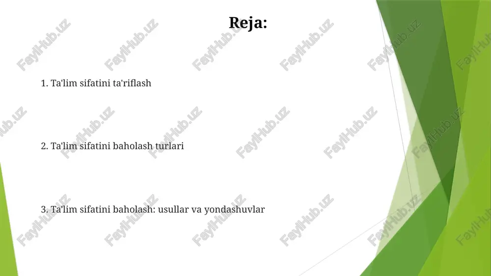 alari bo'yicha 3-sinf o'quvchilarining o'qish ko'rsatkichlarida 17-tumanda 5% o'sish) va shakllantiruvchi ma'lumotlar (masalan, darslardagi kuzatishlar, geometriya masalalarini yechishdagi o'sishni ko'rsatuvchi o'quvchilar portfellari) birgalikda qo'llaniladi yakuniy baholash (masalan, northwood maktabining algebra ii fanidan yakuniy imtihoni, 70%+ baho olish kerak) talabalarning bilim darajasini aniqlashda muhim rol o'ynaydi dastur baholash dastur baholash (masalan, kaliforniya maktablaridagi 500 talabaning standartlashtirilgan test natijalari kabi) miqdoriy va (masalan, 3 ta shahar tumanidagi o'quvchilar so'rovlari, o'qituvchilar bilan suhbatlar kabi) sifatli usullar yordamida ta'lim sifatini baholaydi baholash turlari: shakllantiruvchi (kurs davomida talabaning o'rganishini doimiy kuzatish; masalan, oksford universitetida 20 ta darsda testlar, sinf xonalarini kuzatish) va yakunlovchi (kurs yoki dastur oxirida o'rganish natijalarini o'lchash; masalan, parijdagi universitet dasturida 150 talaba uchun yakuniy imtihonlar) shakllanuvchi baholash ta'lim sifatini baholash standartlashtirilgan testlar (sat, act ballari), o'quvchilarning o'zlashtirish ko'rsatkichlari (gpa, 50 aqsh shtatidagi bitiruvchilar soni), o'qituvchilarni baholash (bir nechta tumanlarda 10 ball shkalasi bo'yicha) va so'rovalar (3 ta sohada o'quvchilarning qoniqishini o'lchash) …