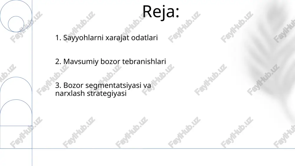 asalan, ekologik ongli, hashamatli, sarguzashtli) geografik segmentatsiya turizm bozorlarini (masalan, shimoliy amerika, yevropa, osiyo sayyohlari) ajratadi, bu mehmonxona narxlariga (masalan, $150-$300/kecha) va marketingga (masalan, xitoylik sayyohlar uchun wechat) ta'sir qiladi 3. mijozlar segmentatsiyasi va targetlash 4. investitsiya imkoniyatlari va rentabellik amadeus, sabre kabi global tarqatuv kanallari; expedia, booking 5. tarqatish kanallari va hamkorlik 2022-yilda barqaror turizmning global bozori 322,8 milliard dollarga yetdi, 2030-yilga kelib esa kosta-rika va skandinaviya kabi mintaqalardagi 25-45 yoshdagi aholining ekologik ongini o'sishi hisobiga 1,4 trillion dollarga yetishi kutilmoqda 6. barqaror va axloqiy turizm sun'iy intellekt platformalari (masalan, expedia, booking 7. yangi yo'nalishlar va texnologiyalar 2022-yilda global turizm bozori hajmi 4,2 trillion aqsh dollariga yetdi, 2023-2030-yillar oralig'ida 11,5% cagr (o'rtacha yillik o'sish sur'ati) prognoz qilinmoqda 8. bozor hajmi va o'sishi jahon turizm bozori 2028-yilga kelib 4,4 trillion dollarga yetishi kutilmoqda. bunga osiyo-tinch okeani (xitoy, hindiston) va yevropa (fransiya, ispaniya, italiya)ning o'sishi, kosta-rika va islandiyadagi barqaror turizm tashabbuslari …