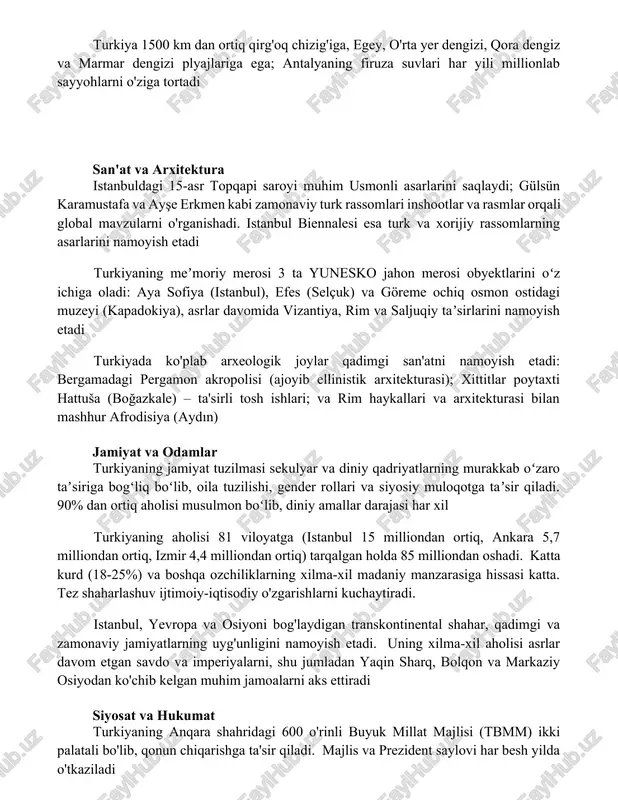 ayşe erkmen kabi zamonaviy turk rassomlari inshootlar va rasmlar orqali global mavzularni o'rganishadi. istanbul biennalesi esa turk va xorijiy rassomlarning asarlarini namoyish etadi turkiyaning meʼmoriy merosi 3 ta yunesko jahon merosi obyektlarini oʻz ichiga oladi: aya sofiya (istanbul), efes (selçuk) va göreme ochiq osmon ostidagi muzeyi (kapadokiya), asrlar davomida vizantiya, rim va saljuqiy taʼsirlarini namoyish etadi turkiyada ko'plab arxeologik joylar qadimgi san'atni namoyish etadi: bergamadagi pergamon akropolisi (ajoyib ellinistik arxitekturasi); xittitlar poytaxti hattuša (boğazkale) – ta'sirli tosh ishlari; va rim haykallari va arxitekturasi bilan mashhur afrodisiya (aydın) jamiyat va odamlar turkiyaning jamiyat tuzilmasi sekulyar va diniy qadriyatlarning murakkab oʻzaro taʼsiriga bogʻliq boʻlib, oila tuzilishi, gender rollari va siyosiy muloqotga taʼsir qiladi. 90% dan ortiq aholisi musulmon boʻlib, diniy amallar darajasi har xil turkiyaning aholisi 81 viloyatga (istanbul 15 milliondan ortiq, ankara 5,7 milliondan ortiq, izmir 4,4 milliondan ortiq) tarqalgan holda 85 milliondan oshadi. katta kurd (18-25%) va boshqa ozchiliklarning xilma-xil …