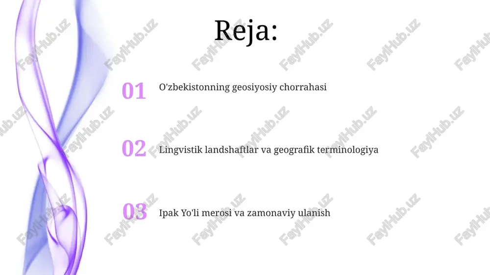 ing strategik joylashuvi xitoy (sian, dunxuang), fors (isfaxon, persepolis), hindiston (dehli) va o'rta yer dengizi dunyosi bilan aloqalarni rivojlantirdi; bu uning lingvistik xilma-xilligini (fors, turkiy, arab ta'sirlari), arxitekturasini (madrasalar, masjidlar) va oshxonasini (palov, samsa) shakllantirdi. o'zbekistonning buyuk ipak yo'lidagi roli amudaryo va sirdaryo (serhosil vohalar), qizilqum cho'li (qiyin yer), pomir-aloy tog'lari (tabiiy to'siqlar va tog' daralari) kabi geografik xususiyatlar bilan shakllangan. bu savdo yo'llari joylashuvi, aholi punktlari (masalan, merv vahasi) va madaniy almashinuvga ta'sir ko'rsatgan. geosiyosiy chorraha o'zbekistonning geosiyosiy ahamiyati energiya quvurlari (gaz, neft) bo'ylab joylashuvi va boy resurslariga (oltin, uran) ega bo'lishidan kelib chiqadi o'zbekiston, markaziy osiyoda strategik joylashgan bo'lib, qozog'iston (shimol), qirg'iziston (shimoli-sharq), tojikiston (janubi-sharq), afg'oniston (janub) va turkmaniston (g'arb) bilan chegaradosh e'tiboringiz uchun rahmat @taqdimot_robot image4.jpg image5.jpg image6.jpg image7.jpg image8.jpg image1.jpeg image2.jpeg image3.jpeg