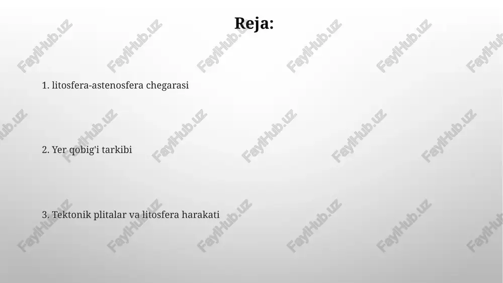 sodir boʻlib, geologik vaqt davomida (millionlab yillar) relyefning sezilarli oʻzgarishiga olib keladi. issiq nuqtalar (masalan, gavayi orollari zanjiri) mantiyadan koʻtarilayotgan magma oqimlarini ifodalaydi litosfera deformatsiyasi va stress yer qobig'i (qit'a qismi ~100km, okean qismi ~70km) elastik va plastik xususiyatlarga ega. kuchlanish yig'ilishi tog' jinsining mustahkamligidan oshib ketganda zilzilalar ro'y beradi. deformatsiyalar geodezik usullar (insar) yordamida o'lchanadi yer qobig'ining tektonik plitalar harakati (masalan, arabiston plitasining yevroosiyo plitasi bilan to'qnashuvi natijasida himoloy tog'lari hosil bo'lishi) tufayli deformatsiyasi mo'rt sinish (san-andreas yoriqlari kabi) va plastik oqim (tibet platosi tog'larining hosil bo'lishi)ni o'z ichiga oladi litosfera tuzilmasi yer sharining eng tashqi qattiq qobig'i bo'lgan litosfera o'rtacha 100 km qalinlikda bo'lib, taxminan 70% okean qobig'idan (7-10 km qalinlikda, bazalt tarkibida) va 30% materik qobig'idan (30-70 km qalinlikda, granit tarkibida) iborat subduksiya zonalari (masalan, andes togʻlari, yaponiya), zich okean litosferasi kontinental litosfera ostiga choʻkishi bilan yer tuzilishini shakllantirishda muhim rol oʻynaydi. transform chegaralar (masalan, san-andreas yoriq) …