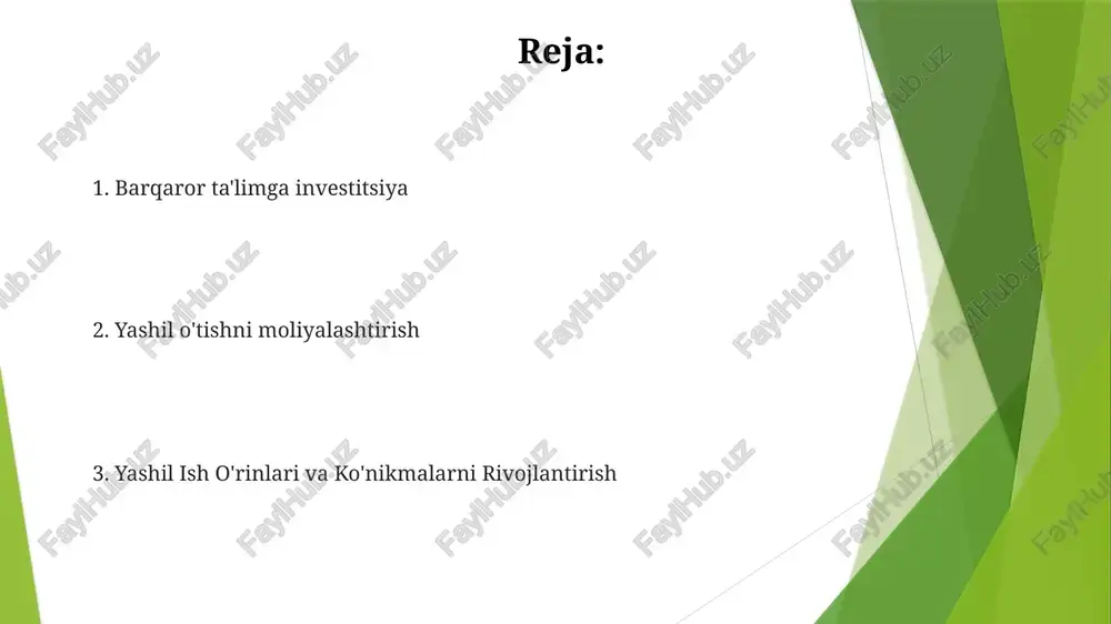 xo'jaligi sohalarida 200 million ishchini qayta tayyorlashni, shuningdek, yashil ta'limga katta investitsiyalar kiritishni talab qiladi. yashil inson resurslari boshqaruvi barqaror moliya va inson kapitali barqaror moliya (bm) atrof-muhit, ijtimoiy va boshqaruv (aib) omillarini investitsiya qarorlariga birlashtirib, 2030-yilga qadar bmtning barqaror rivojlanish maqsadlariga (brm) jahon aktivlarining ~170 trillion dollarini jalb qiladi yashil iqtisodiyot muvaffaqiyati uchun inson kapitalini rivojlantirish muhim. ta'lim va o'qitishga (masalan, hindistondagi stem dasturlari va saxara janubidagi afrikadagi kasb-hunar ta'limi) investitsiya yashil texnologiyalar uchun malakali ishchi kuchini yaratadi adolatli va yashil imkoniyatlarga kirish yashil iqtisodiyot o'sishida (masalan, yevropa ittifoqida 2025 yilga kelib yashil yaim 15% o'sishi) chetlashtirilgan guruhlarga (masalan, sao-pauluda ayollar va ozchilikka mansub yashil bizneslar imtiyozli xarid shartnomalarini olish) ustunlik beruvchi inklyuziv siyosat talab etiladi ta'limga (masalan, rivojlanayotgan mamlakatlarda 10 ta yangi yashil texnologiyalar o'quv markazi) va malaka oshirish tashabbuslariga (masalan, saxara janubidagi afrikada barqaror qishloq xo'jaligi bo'yicha onlayn kurslar) sarmoya kiritish juda muhim yashil iqtisodiyotda kelajakdagi ish …