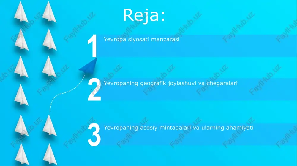 a (qisman osiyoda), turkiya (qisman osiyoda)ni o'z ichiga oladi. asosiy mintaqaviy tashkilotlar: yevropa ittifoqi (27 a'zo), yevropa kengashi (46 a'zo). keng dengiz sohillari savdo va iqlimga ta'sir qiladi. turli relyef; alp tog'lari (italiya, fransiya, shveysariya, avstriya), pireney tog'lari (ispaniya, fransiya), karpat tog'lari (markaziy yevropa). yirik daryolar: dunay, reyn, volga. aholi zichligi sezilarli darajada farqlanib, qit'a bo'ylab siyosiy dinamika va resurslarni boshqarishga ta'sir qiladi. shimoliy yevropaning siyosiy geografiyasi start yevropaning jismoniy geografiyasi: togʻlar va tekisliklar norvegiya fjordlari, o'rtayer dengizi sohillari xilma-xilligi, boltiq dengizi sayoz suvlari; iberiyan, italiyan, balkan yarimorollari; turli geologiyasi resurslar va qishloq xo'jaligiga ta'sir qiladi. yevropa 10 180 000 kv.km maydonni egallaydi, atlantika, arktika va o'rtayer dengizlari bilan chegaradosh; siyosiy xarita taxminan 44 ta davlatni, jumladan rossiya (eng katta), fransiya, germaniya va buyuk britaniyani o'z ichiga oladi; asosiy tekisliklar: shimoliy yevropa tekisligi, panoniya tekisligi. yevropa ittifoqi: siyosiy umumiy nuqtai yevropa ittifoqining hududi taxminan 4 324 000 kv.km ni egallab, …