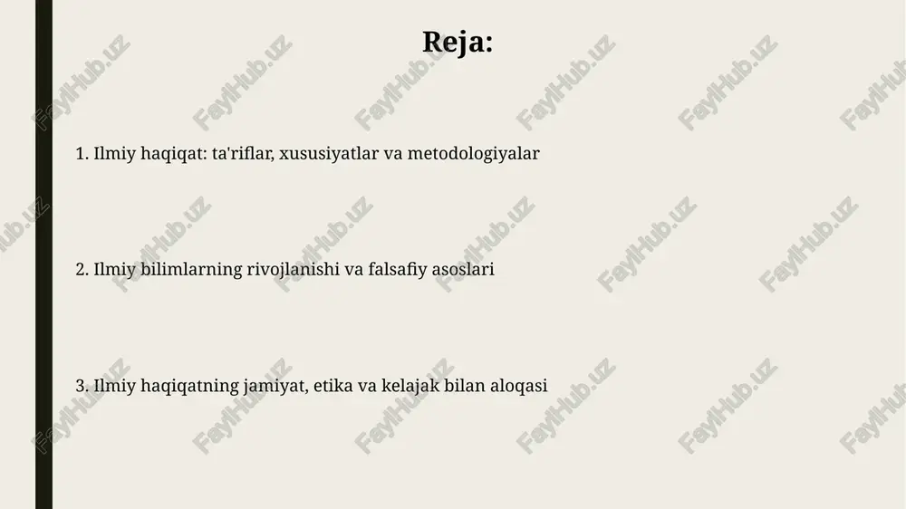 af etadi va ilmiy haqiqatning mustahkamligini ta'minlaydi. ilmiy tadqiqotlarda metodologik yondashuvlar kuzatuv tadqiqotlarida 1-darajali metodologik yondashuvlar ma'lumotlarni to'plash uchun tabiiy muhitda sodir bo'layotgan jarayonlarni o'rganishga qaratilgan bo'ladi. eksperimental tadqiqotlar 2 guruhdagi o'zgaruvchilarni manipulatsiya qilish orqali sabab-oqibat aloqalarini aniqlash uchun nazorat qilinadigan sharoitlarda o'tkaziladi. dalillarga asoslanganlik va empirik tekshiruv dalillarga asoslanganlik tadqiqotda faktlar va kuzatuvlarni qo'llashni anglatadi, gipotezalarni 95% ishonch bilan tasdiqlash uchun empirik ma'lumotlarga tayanadi. empirik tekshiruv natijalarni mustahkamlash uchun takrorlanadigan tajribalarni o'z ichiga oladi, p qiymati 0,05 dan past bo'lishi muhim, natijalar haqiqiyligini ta'minlaydi. takrorlanuvchanlik va sinovdan o'tkazishning ahamiyati takrorlanuvchanlik 95% ishonch intervalida natijalarning barqarorligini tasdiqlaydi, bu esa tadqiqotning ishonchliligini oshiradi va xatolik ehtimolini kamaytiradi. sinovdan o'tkazish, ayniqsa nazariyalarni falsifikatsiya qilishda muhim, chunki u empirik dalillarga zid bo'lgan taxminlarni rad etishga yordam beradi. ilmiy xatolik, soxtalashtirish va ularning oqibatlari ilmiy xatoliklar tadqiqot natijalariga 10-20% gacha ta'sir ko'rsatishi mumkin, soxtalashtirish esa ishonchni yo'qotib, millionlab dollarlik zararga olib keladi. soxtalashtirish 5 …