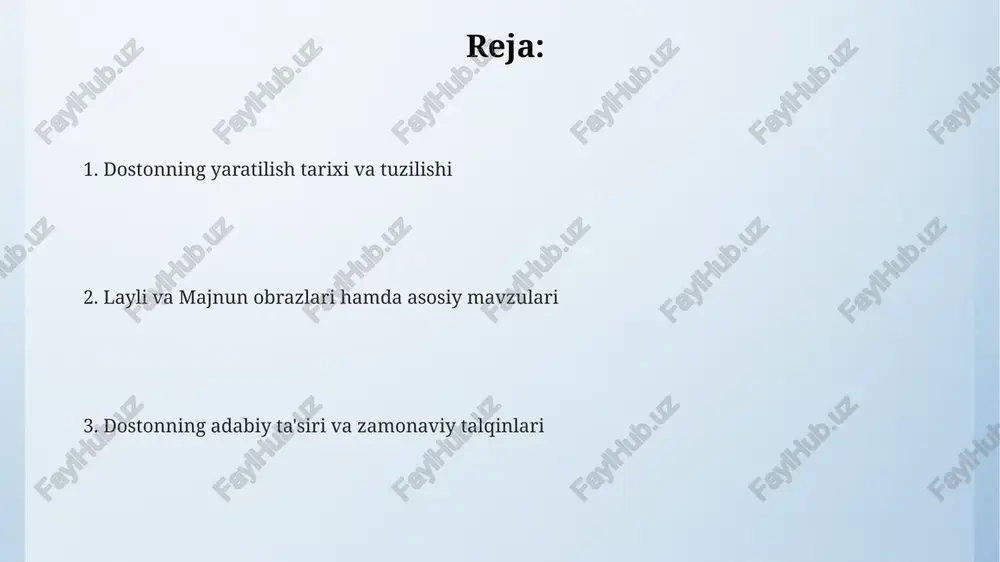 i (ishqi haqiqiy) bo'lib, unda majnunning layliga bo'lgan muhabbati 7 bosqichdan o'tib, xudoga yetishish vositasiga aylanadi. doston g'oyasi insonning ruhiy kamoloti uchun nafsini tiyish, dunyoviy zavqlardan voz kechish va ilohiy ishqqa sodiq qolish muhimligini ta'kidlaydi, buni 4 asosiy element orqali ko'rsatadi. layli va majnun dostonida jamiyatning qonun-qoidalari shaxs erkinligini cheklashi, 5 ta asosiy personajning taqdiriga salbiy ta'sir ko'rsatishi va fojiali yakunga olib kelishi g'oyasi ilgari suriladi. dostonning tili va uslubi uslubda lirik chekinishlar, tasviriy ifodalar, tazod (antiteza) va mubolag'a (giperbola) kabi badiiy vositalar faol ishlatilib, voqealarni jonli tasvirlashga xizmat qiladi. dostonning tili o'zbek adabiy tilining boy imkoniyatlaridan foydalanadi, unda 11-12 bo'g'inli barmoq vazni va an'anaviy poetik figuralar keng qo'llaniladi. doston tili murakkab, lekin ohangdor va musiqiy. she'riyatda arab va fors tillaridan o'zlashgan so'zlar (arabizmlar, forsizmlar) ham uchraydi, bu esa uslubga o'ziga xos joziba beradi. personajlar tizimi va ularning o'zaro munosabatlari qaysning majnunga aylanishi jarayonida uning qabiladoshlari, ayniqsa, naufal kabi obrazlar, …