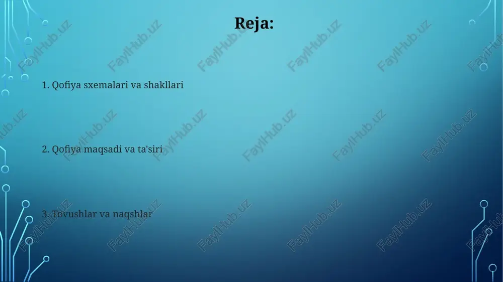 tadi. masalan, 20-30 qatordan iborat balladalardagi aniq joylashtirilgan qofiyalar rivoyatning rivojlanishini ta'kidlaydi. qofiya va oʻlchov she'rda metr — qator ichidagi urg'u va urg'usuz bo'g'inlar naqshidan hosil bo'lgan ritm; masalan, yambik pentametr (shekspirning "hamlet", "romeo va juliet"), troxey tetrametr ("pol reverning yurishi" - genri uodsuort longfello), anapestik trimetr ko'z she'ri ko'z bilan uyqash va to'liq uyqash, farqi shunga qaramay, she'rning badiiy ta'siriga hissa qo'shadi ko'z bilan uyqash (yoki yaqin uyqash), o'xshash imloli so'zlarni (masalan, "love" va "move") qo'llash orqali, talaffuzi farq qilsa ham, vizual uyqash hosil qiladi. bu effekt ingliz tilida, uning turli tillardan kelib chiqishi va imlo-talaffuz munosabatlarining izchilliksizligidan kelib chiqadi oxirgi she'r she'rda oxirgi bo'g'inlarning bir xil yoki o'xshash tovushlar bilan uyqlashishi. xotiraga yordam beradi va musiqalilik yaratadi. qofiya, umuman olganda, asosan unli va undosh tovushlarning takrorlanishi bo'lib, asosan so'zlar oxiridagi urg'uli bo'g'inlarda uchraydi. ichki qofiya (masalan, "the fair breeze blew, the white foam flew", "blew" va "flew" so'zlari) …