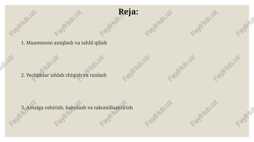 uammoni baholashga imkon beradi, masalan, 2 (faktlar) va 3 (ijod) raqamlari g'oyalarni har tomonlama tahlil qilishni ta'minlaydi. ma'lumotlarga asoslangan qarorlar va risk tahlili ma'lumotlarga asoslangan qarorlar biznesda xatoni kamaytirish uchun muhim, masalan 5% ga, a/b sinovlari va 7 qadamli tahlil usullari orqali. risk tahlili xavflarni baholaydi: ehtimollik (0 dan 1 gacha) va ta'sir (1 dan 10 gacha). 3x3 matritsalar yordamida xavflarni aniqlash mumkin. ma'lumotlarga asoslangan qarorlar uchun 6 sigma metodologiyasi muhim. u muvaffaqiyatsizlik darajasini millionda 3.4 taga kamaytirishga yordam beradi. yechimlarni amalga oshirish va monitoring qilish monitoring jarayoni 4 ta asosiy ko'rsatkichni (kpi) o'lchashni o'z ichiga oladi: xarajatlar samaradorligi, bajarilish muddati, sifat darajasi va mijozlarning qoniqish darajasi. yechimlarni amalga oshirishda 7 bosqichli rejani tuzish, resurslarni taqsimlash va 3 oylik asosiy maqsadlarni belgilash, muvaffaqiyatni ta'minlash uchun muhim. amalga oshirishda o'zgarishlarni boshqarishda 5 xil manfaatdor tomonlarni hisobga olish kerak: xodimlar, mijozlar, yetkazib beruvchilar, investorlar va mahalliy hamjamiyat. doimiy takomillashtirish va texnologiyaning roli …