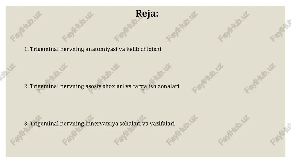 innervatsiya sohalari yuqori jag' nervi ganglion semilunaredan chiqib, cavum meckelii ichidan o'tadi va foramen rotundum orqali bosh suyagidan chiqib, qanotsimon-tanglay chuqurchasiga kiradi. nervus maxillaris yuqori jag'ning terisi, burunning lateral yuzasi, yuqori lab, yuqori tishlar va tanglay shilliq qavatining sezgirligini ta'minlaydigan sezuvchi nervdir. pastki jag' nervi (nervus mandibularis): anatomiyasi va innervatsiya sohalari pastki jag' nervi (v3) aralash nerv bo'lib, uchlik nervning eng katta shoxi hisoblanadi va sezuvchan hamda harakatlantiruvchi tolalaridan iboratdir. nervus mandibularis oval teshik orqali kalla suyagidan chiqib, chaynash muskullari, tensor veli palatini, tensor timpani va miyelo-hioid muskullarini innervatsiya qiladi. trigeminal nervning funksiyalari va klinik ahamiyati uch shoxli nerv yuzdagi sezgilarni, jumladan og'riq, harorat va teginish kabi sezgilarni bosh miyaga yetkazadi; bu sezgilar chaynash, gapirish va boshqa kundalik vazifalarda muhim rol o'ynaydi. trigeminal nevralgiya — bu trigeminal nervning buzilishi natijasida yuzaga keladigan o'tkir, sanchuvchi og'riq sindromi bo'lib, odatda bir tomonlama ta'sir etadi va kundalik hayot sifatini keskin pasaytiradi. e'tiboringiz uchun …