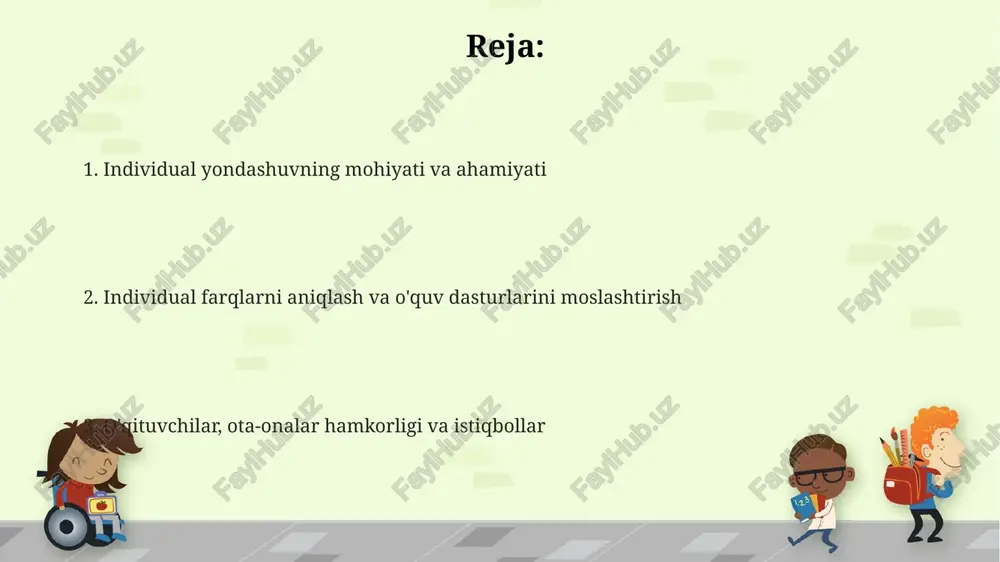ajasiga mos keladigan o'quv faoliyatini tanlash imkoniyatini beradi, bu esa ularning motivatsiyasini oshiradi. baholash, monitoring va ota-onalar bilan hamkorlik baholashda 360 darajali yondashuv qo'llaniladi, bu bolaning rivojlanishini kuzatish, o'qituvchi va ota-onalarning fikrlarini jamlashni o'z ichiga oladi. monitoring orqali erta aniqlangan muammolar dasturga o'z vaqtida o'zgartirish kiritishga imkon beradi, bu esa 80% bolalarning muvaffaqiyatini ta'minlaydi. ota-onalar bilan hamkorlik haftalik yangiliklar va oylik uchrashuvlar orqali amalga oshiriladi, bu esa bolaning rivojlanishiga 90% ijobiy ta'sir ko'rsatadi. o'qituvchilarning roli va inklyuziv ta'lim o'qituvchilarning inklyuziv sinfda roli differentsiatsiya va universal o'quv dizaynini (uod) qo'llash orqali har bir bolaning o'quv maqsadlariga erishishini ta'minlashdir. o'qituvchilar inklyuziv ta'limda har bir bolaning erta rivojlanish bosqichida noyob ehtiyojlarini qondirish uchun moslashuvchan strategiyalardan foydalanishlari kerak. o'qituvchilar inklyuziv ta'limda o'quv dasturini moslashtirish va qo'shimcha yordam ko'rsatish orqali har bir bolaning potensialini maksimal darajada oshirish uchun hamkorlikda ishlashlari zarur. texnologiyalar va individual yondashuv interaktiv doskalar o'quv materiallarini vizuallashtirish orqali har bir bolaning e'tiborini …